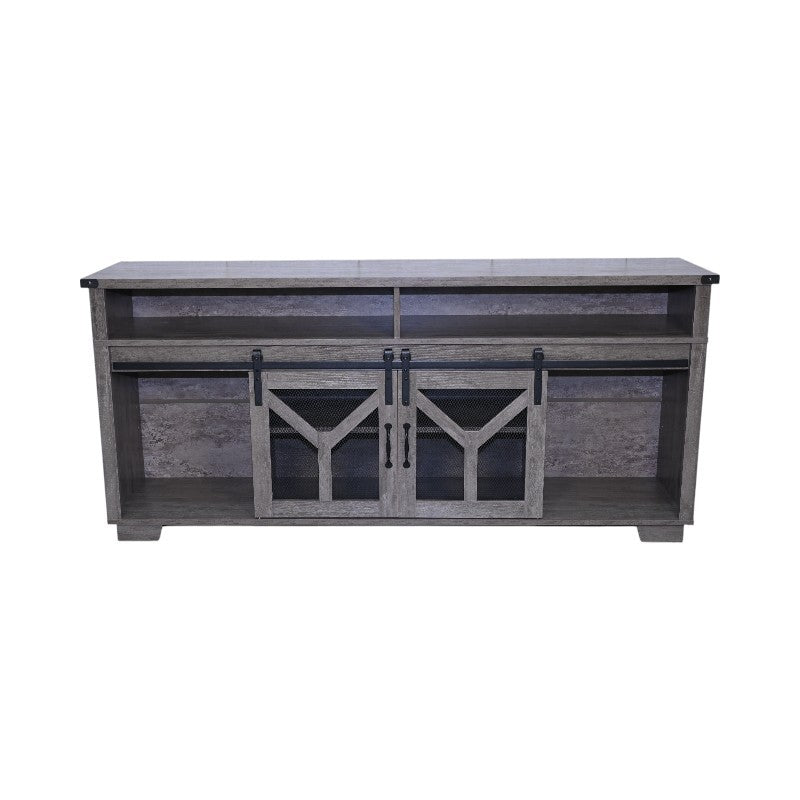 Iron mesh barn door TV stand by Anthony & Home, Signature Edition, featuring rustic iron mesh doors and a sturdy wooden frame.