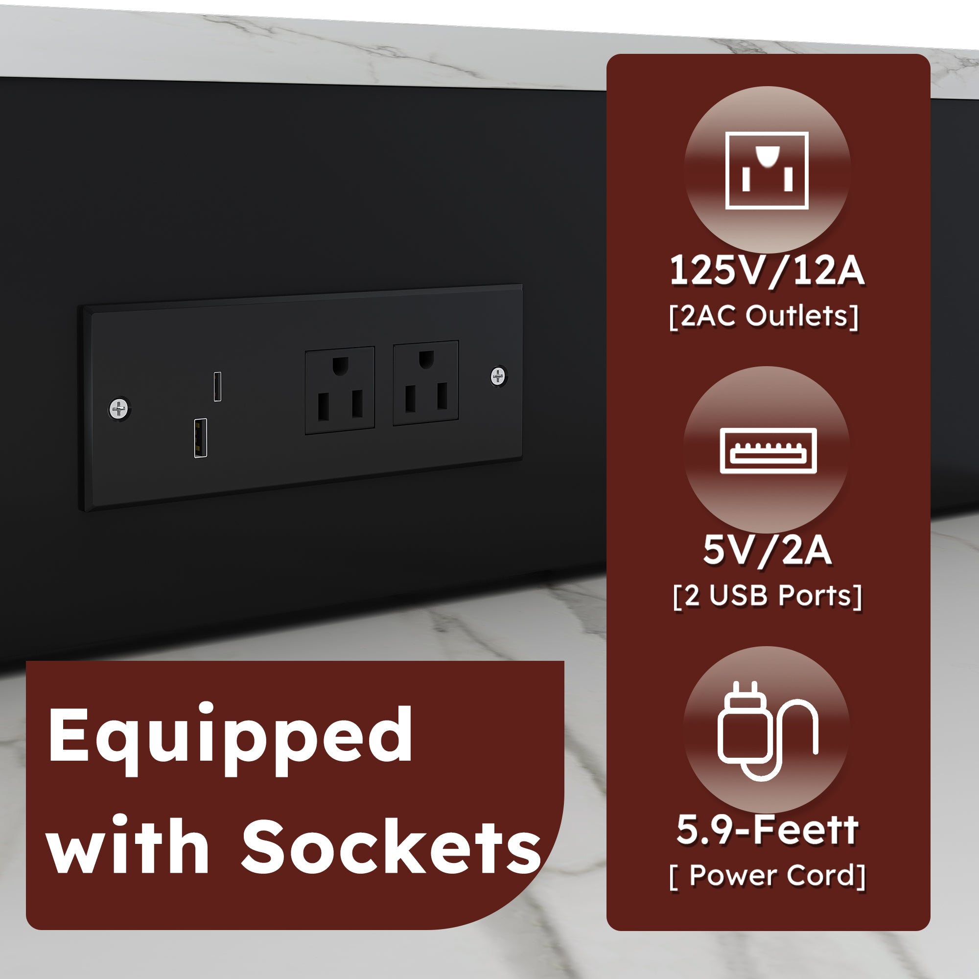 Black Expandable Kitchen Island with Marble - Grain Countertop, Power Outlet, Mobile Storage Cart with Cabinet & 2 Drawers, 80 - Inch Dining Table - Anthony & Home