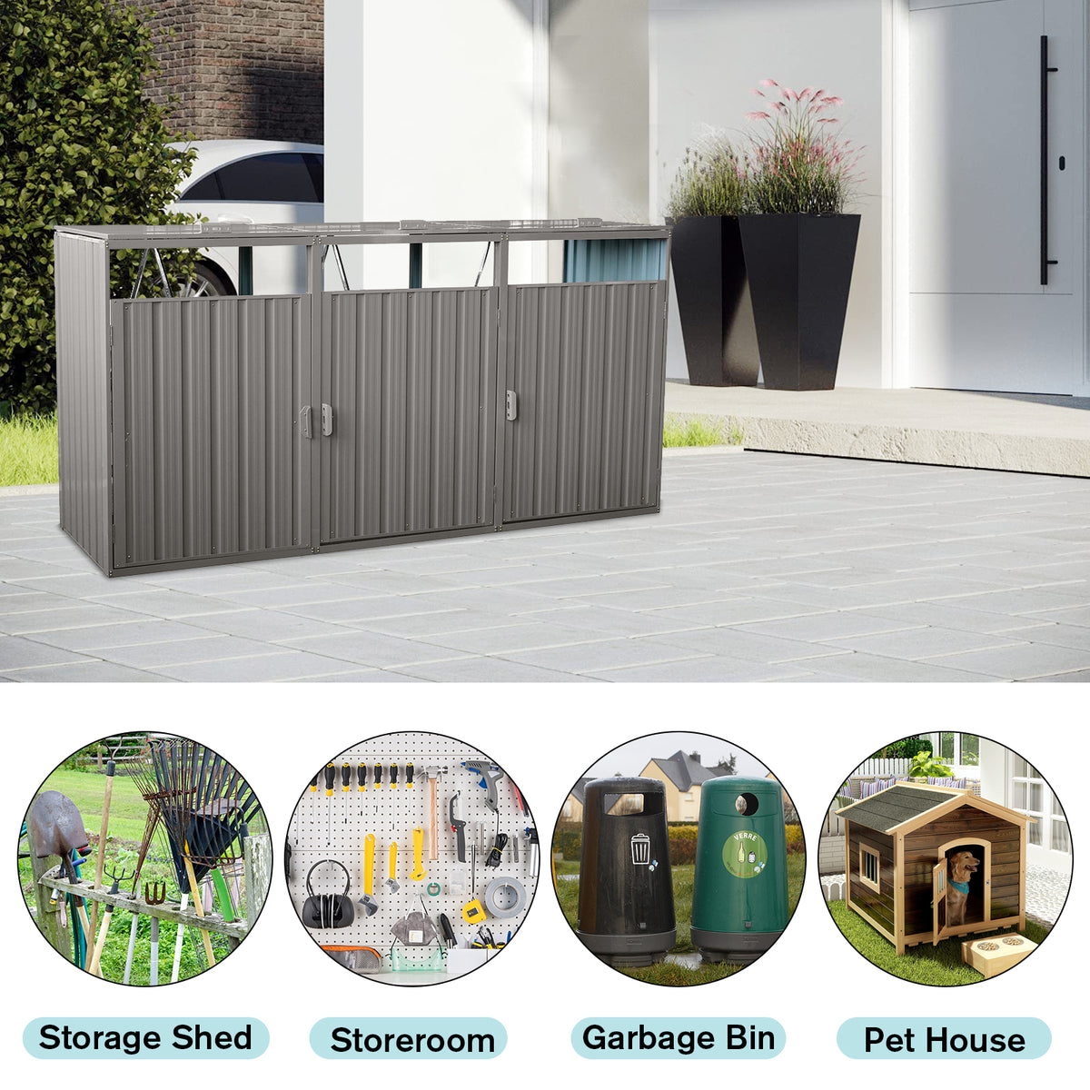 Galvanized steel trash bin shed with three grey cans from Anthony & Home, designed for outdoor waste storage and organization.