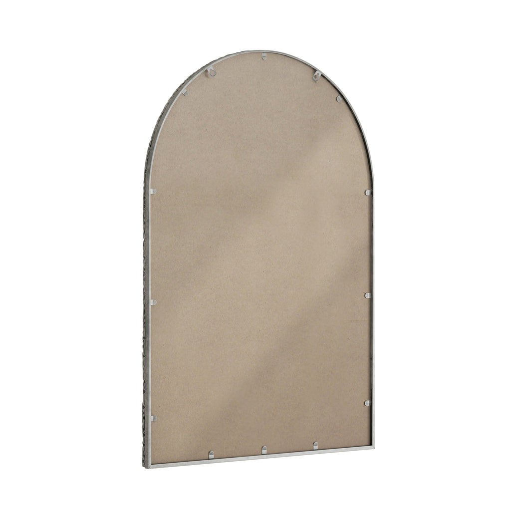 Anthony & Home arched silver mirror with tempered glass frame, showcasing a sleek, modern design and reflective surface.
