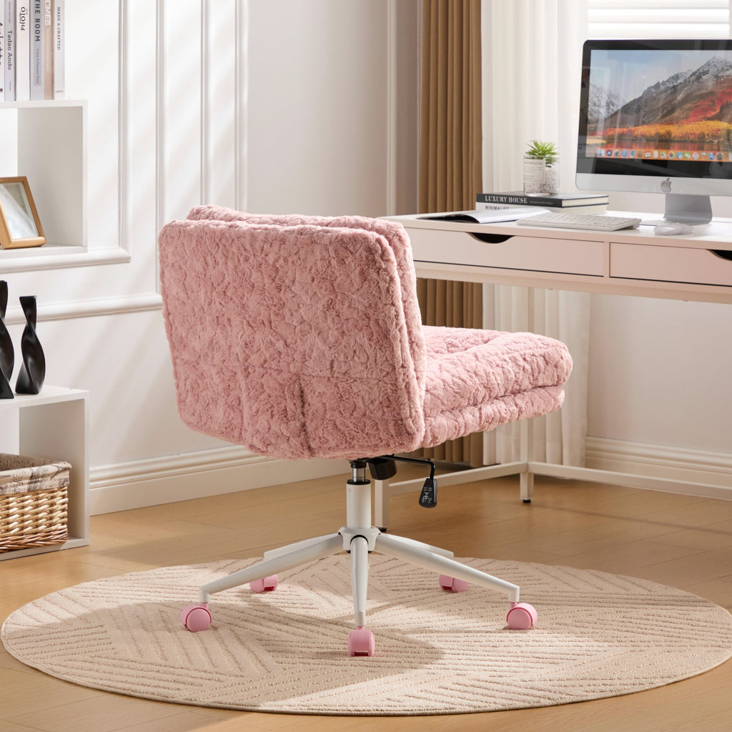 Pink faux rabbit hair studio office chair with metal base, wide 26.4-inch seat, by Anthony & Home