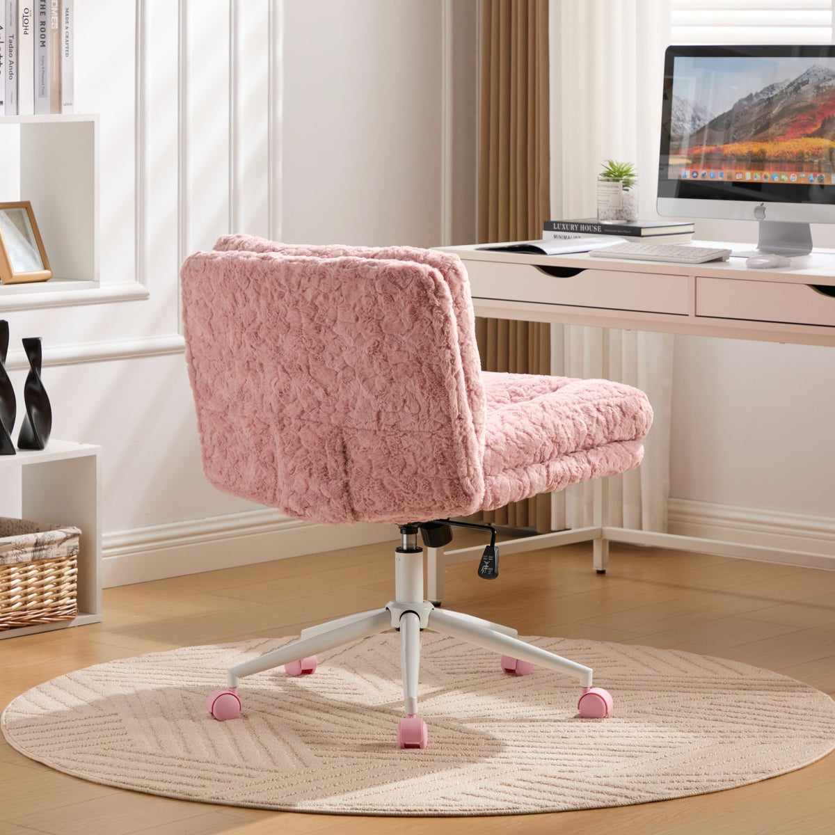 Pink faux rabbit hair studio office chair with metal base, wide 26.4-inch seat, by Anthony & Home