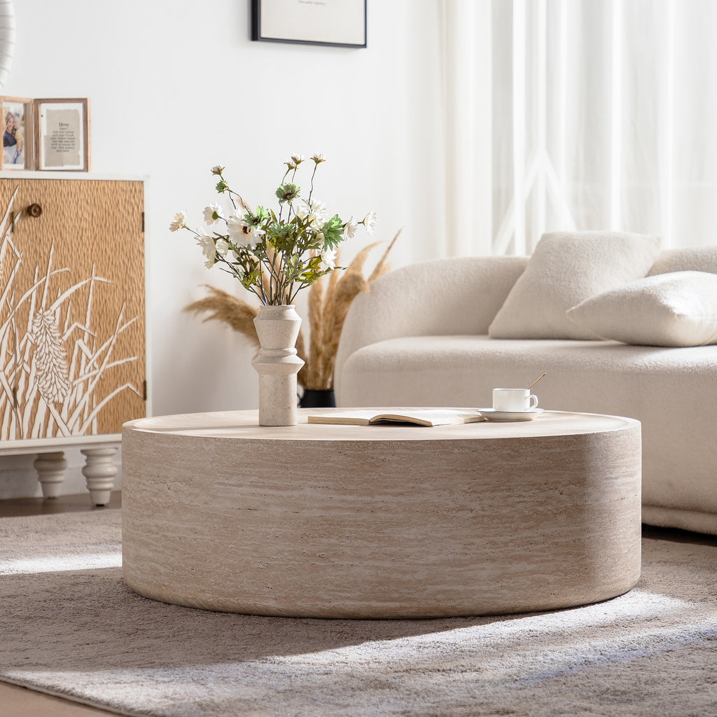Anthony & Home Mars Pattern Drum Coffee Table from Atelier Collection with a unique geometric design and wooden finish.