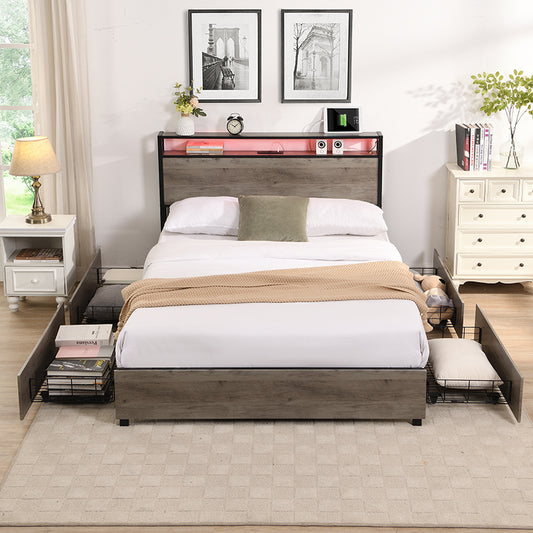 Queen Bed Frame Metal and Wood Antique Gray Limited Edition with Storage Headboard and Charging Station