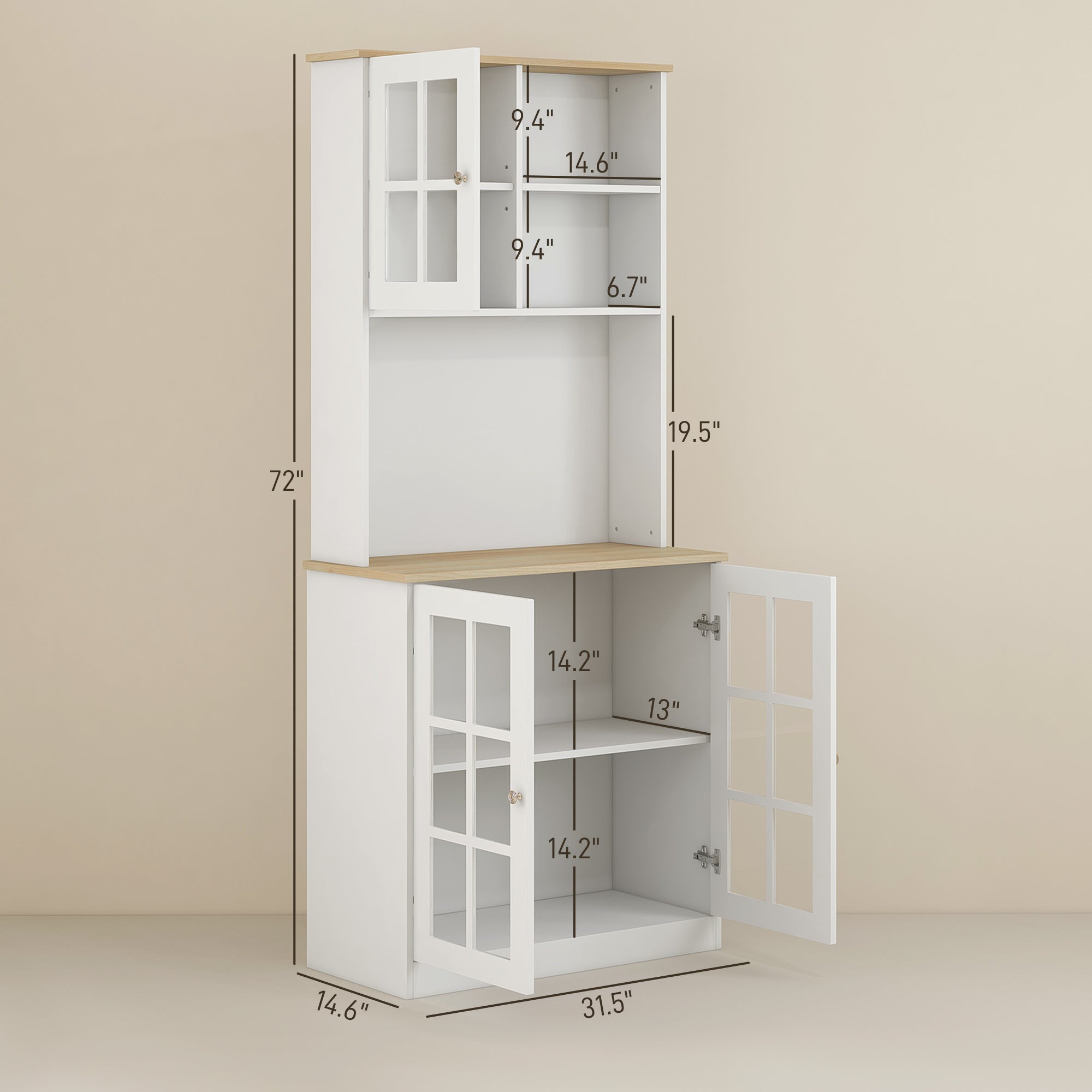 Anthony & Home Signature glass doors kitchen pantry cabinet with hutch and adjustable shelves, freestanding for versatile storage.