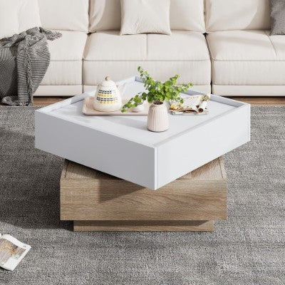 Square 360 Rotating Coffee Table With 2 Drawers, Wooden 2-Tier Center Table With Swivel Tabletop And Storage, Tea Table , Oak Table Frame Side Table For Living Room