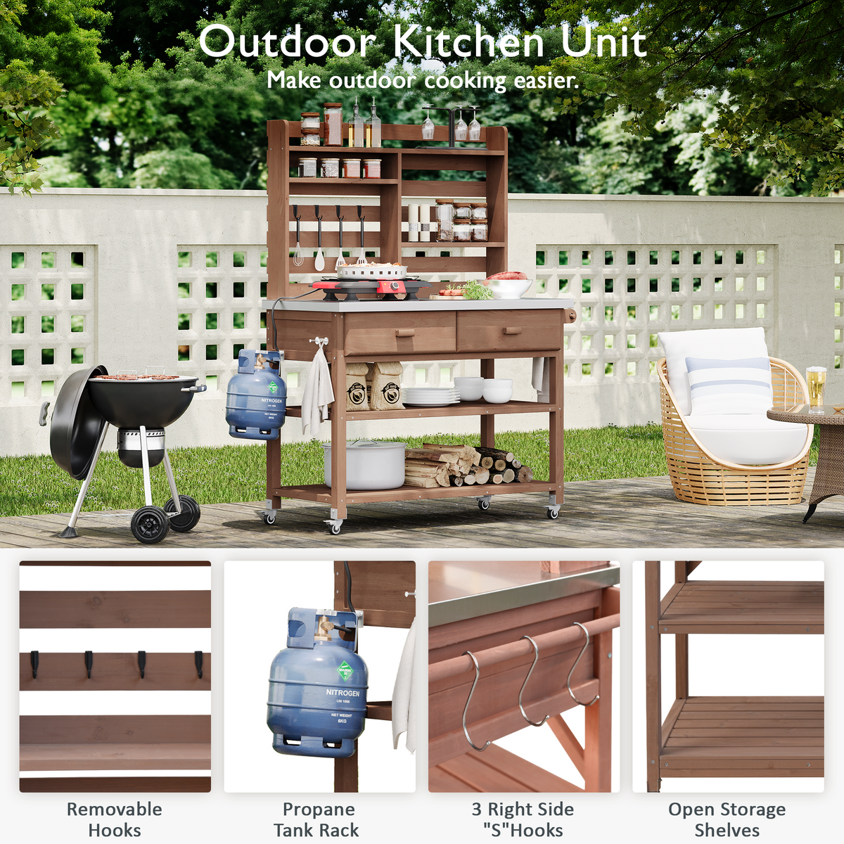 Anthony & Home outdoor potting bench with stainless steel top, featuring a sturdy frame, storage shelves, and a functional workspace.