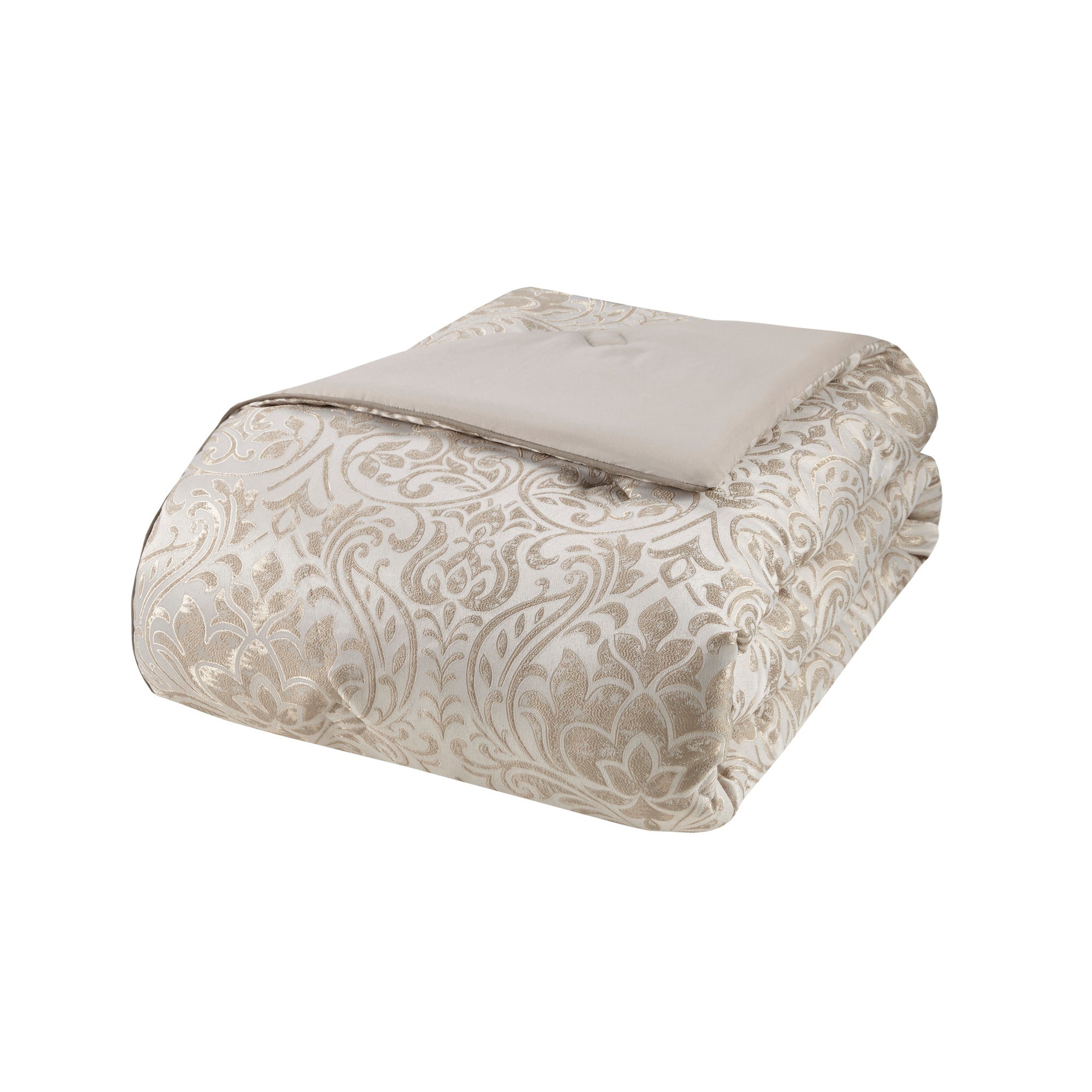 Queen Emilia Jacquard Comforter Set in khaki with gold thread from Anthony & Home, featuring intricate woven patterns and luxurious fabric.