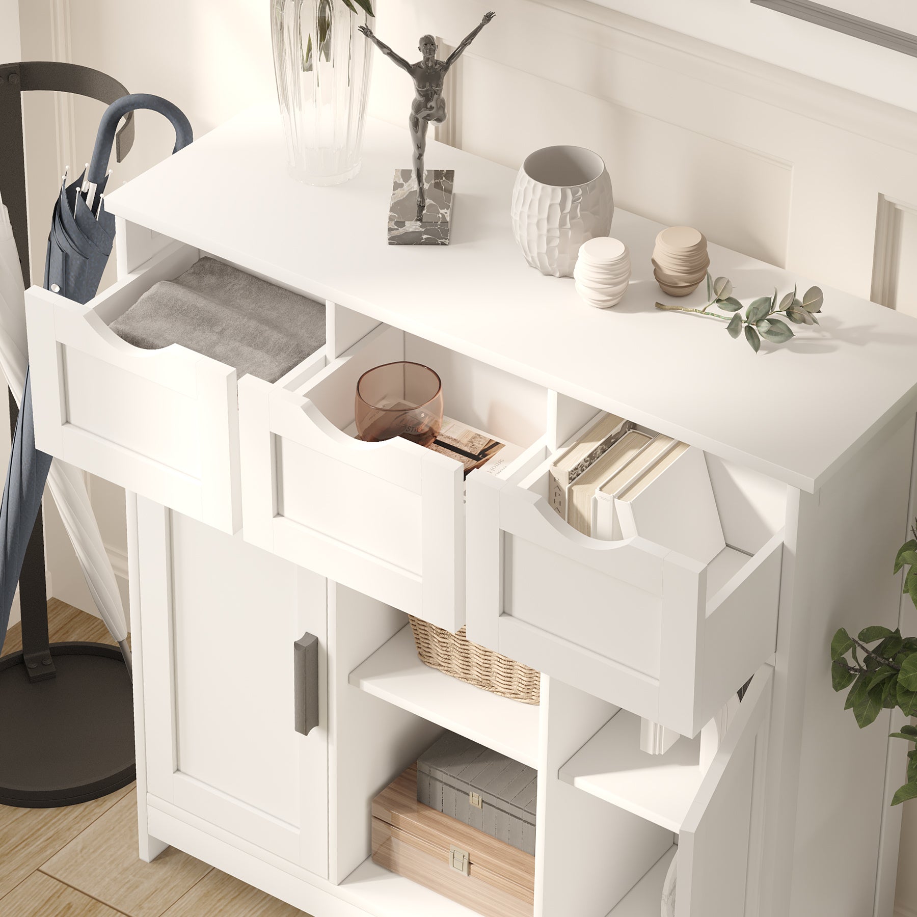 White Storage Cabinet With Drawers And Shelves For Home