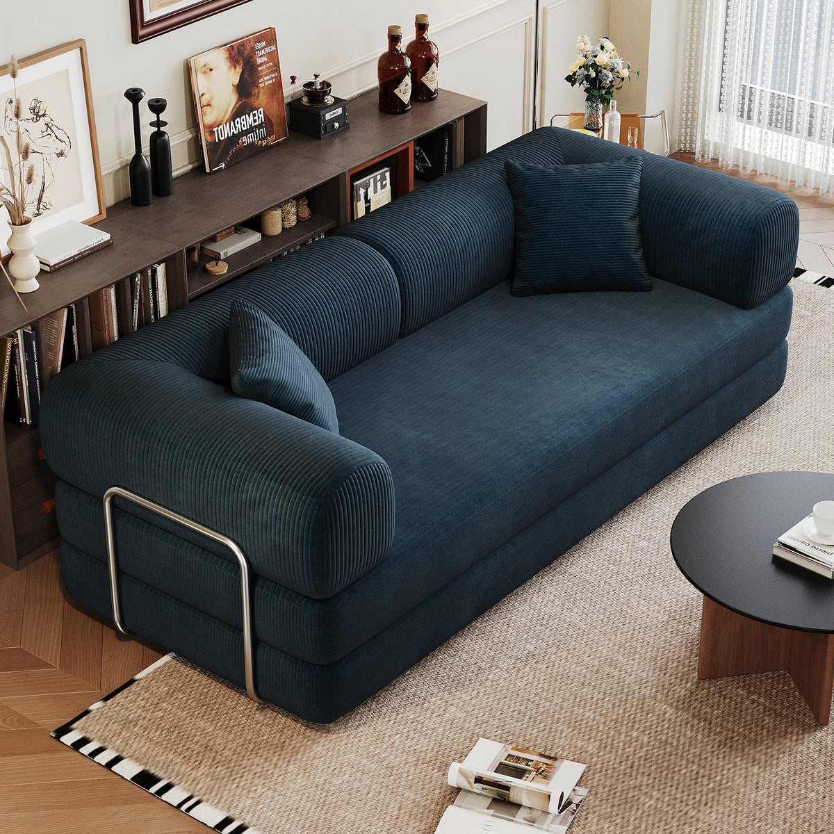 Blue corduroy convertible sofa bed by Anthony & Home, showing its plush fabric, modern design, and sofa-to-bed functionality.