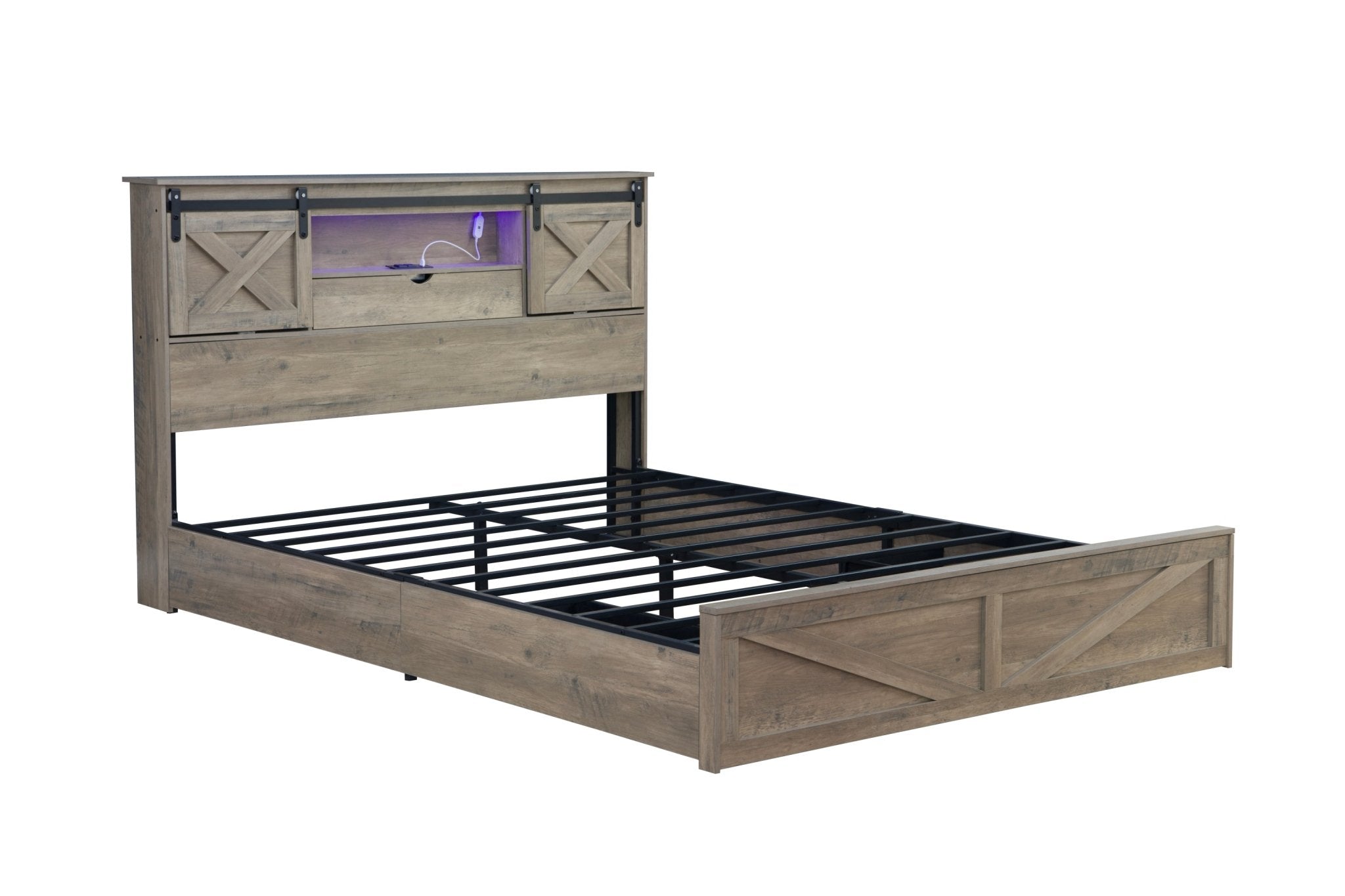 Anthony & Home farmhouse queen grey bed frame with rustic wood finish, LED lighting, charging station, and storage drawers in a bedroom.