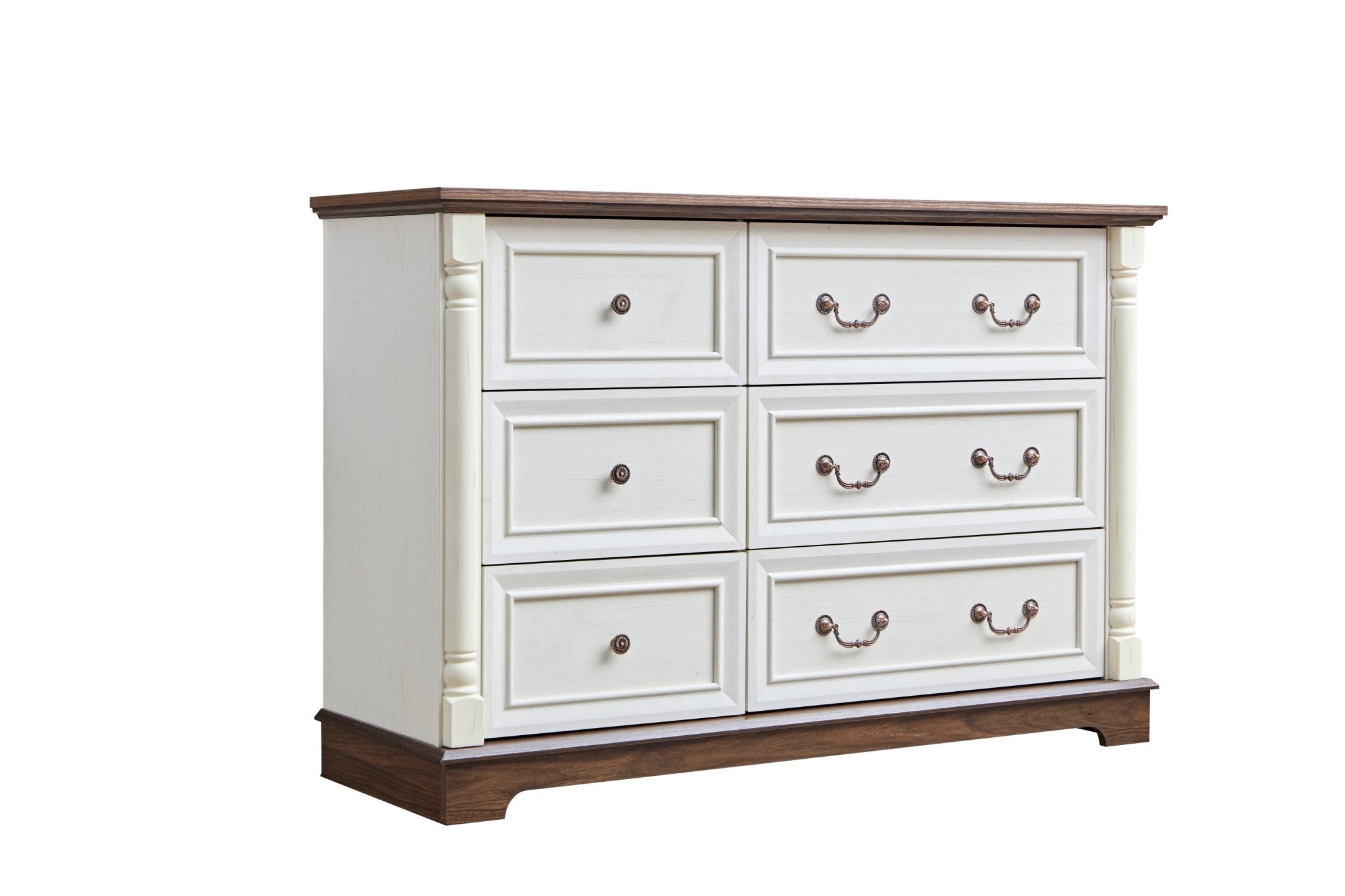 Walnut finish six-drawer dresser from Anthony & Home Heritage Collection, showcasing sleek wood grain and modern bedroom furniture style.