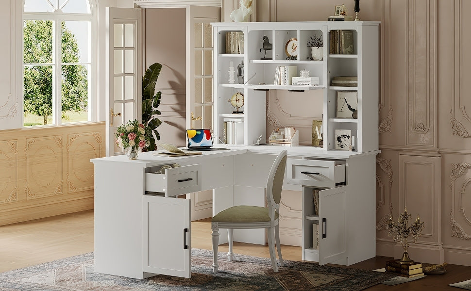 White matte finish L-shaped desk with cabinets and shelving from Anthony & Home's Signature Collection, ideal for office organization.