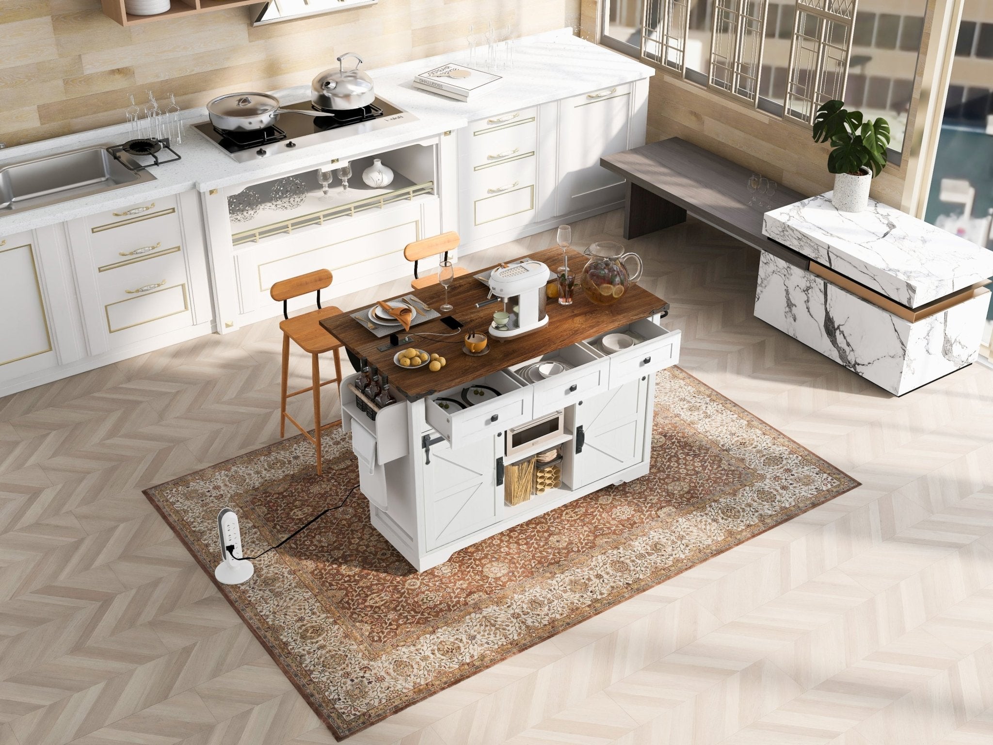 Anthony & Home farmhouse kitchen island with wood-grain top, featuring spacious surface and sturdy wooden frame for farmhouse style.