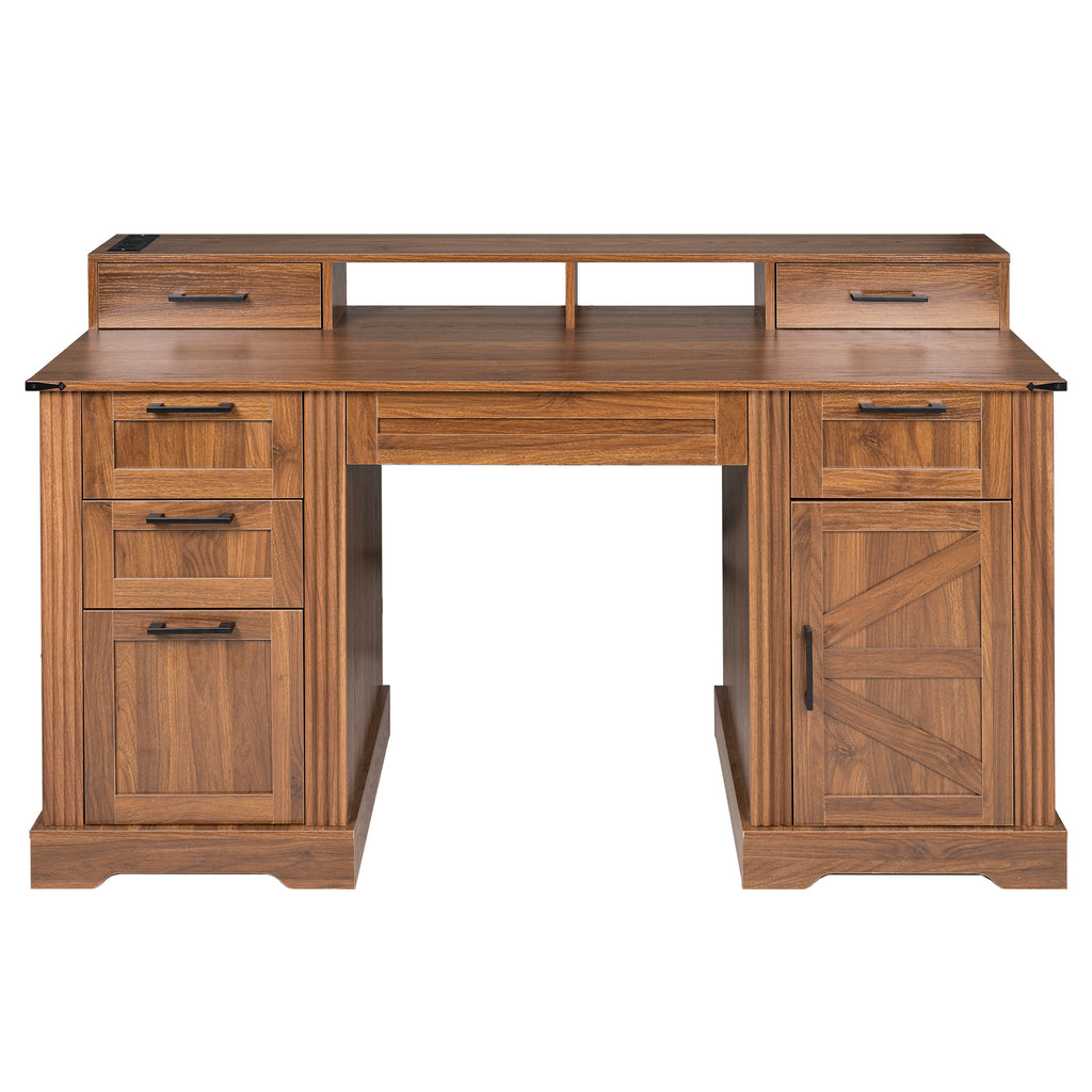 Anthony & Home Atelier Dark Walnut Farmhouse Office Desk with charging station, barn door, and monitor stand, showcasing rustic design.