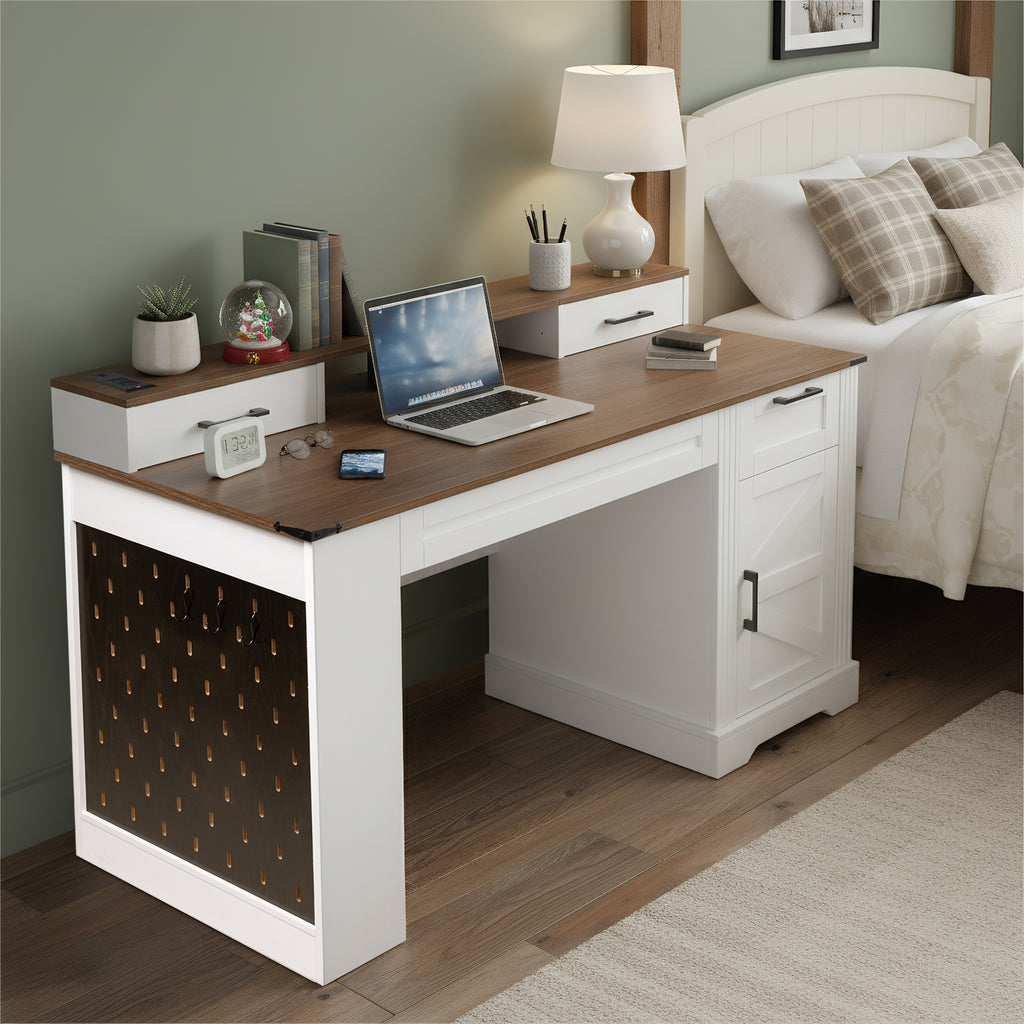 Anthony & Home studio barn door desk with storage and built-in charging station, featuring a rustic wood finish and functional design.