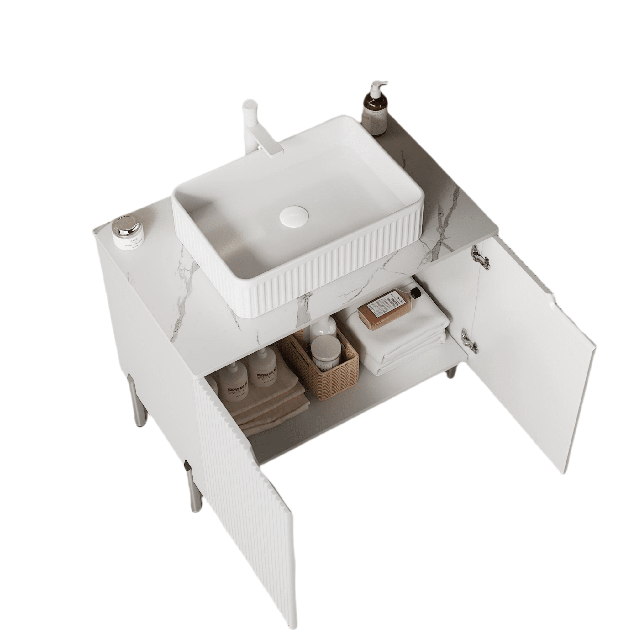 Carrara White quartz freestanding countertop with cabinet, showcasing smooth surface and elegant storage solution.