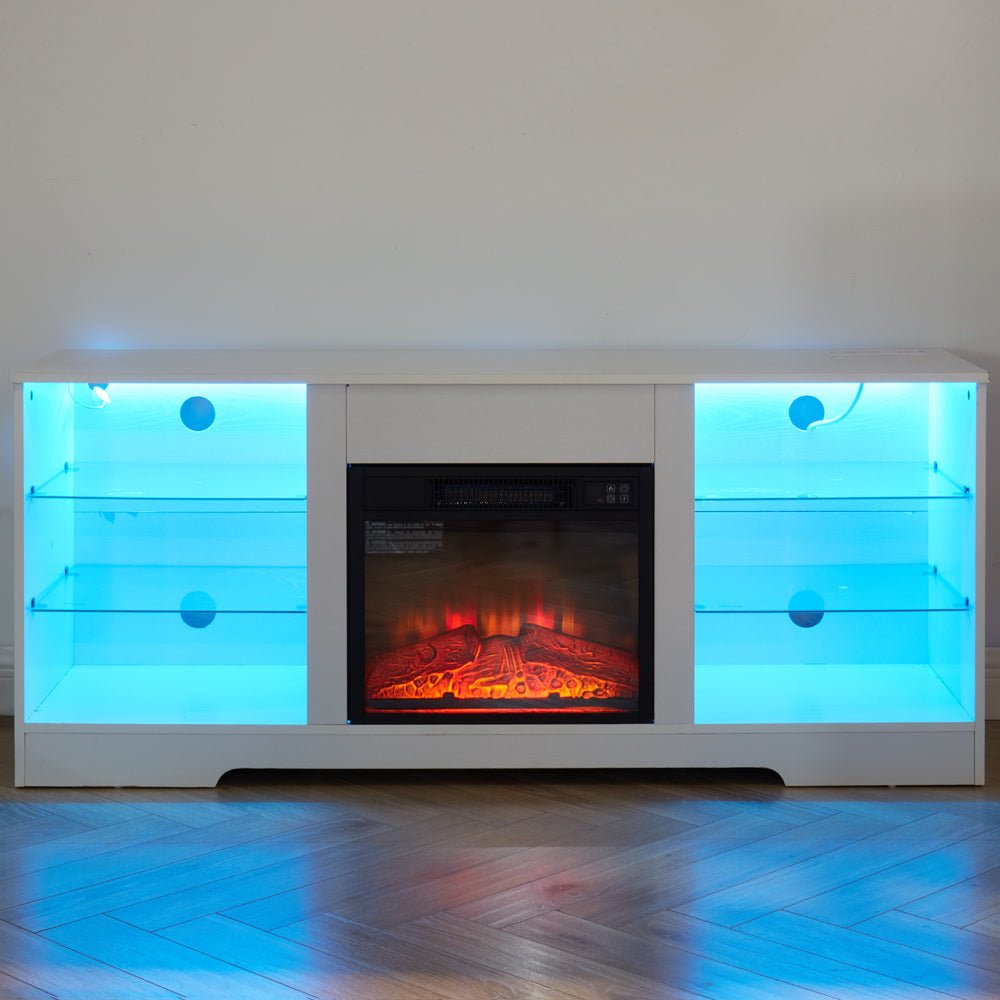 Electric fireplace TV stand by Anthony & Home with glass shelves, featuring a modern design and built-in fireplace insert.