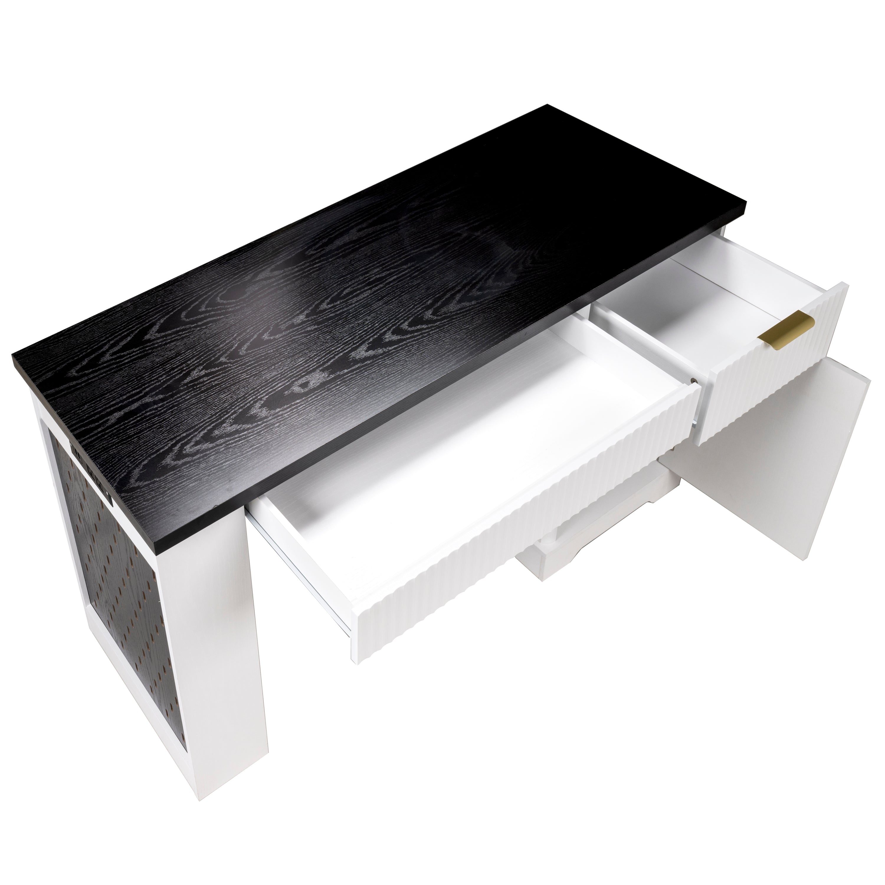White 55-inch Atelier Fluted Office Desk with storage cabinet, pegboard, and keyboard tray by Anthony & Home.