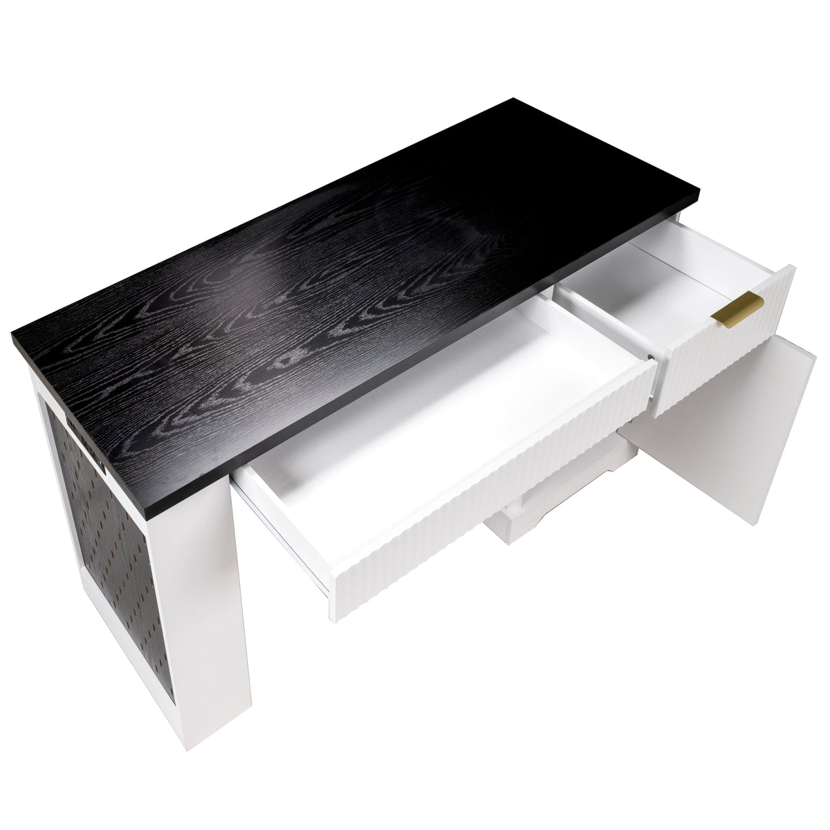 White 55-inch Atelier Fluted Office Desk with storage cabinet, pegboard, and keyboard tray by Anthony & Home.