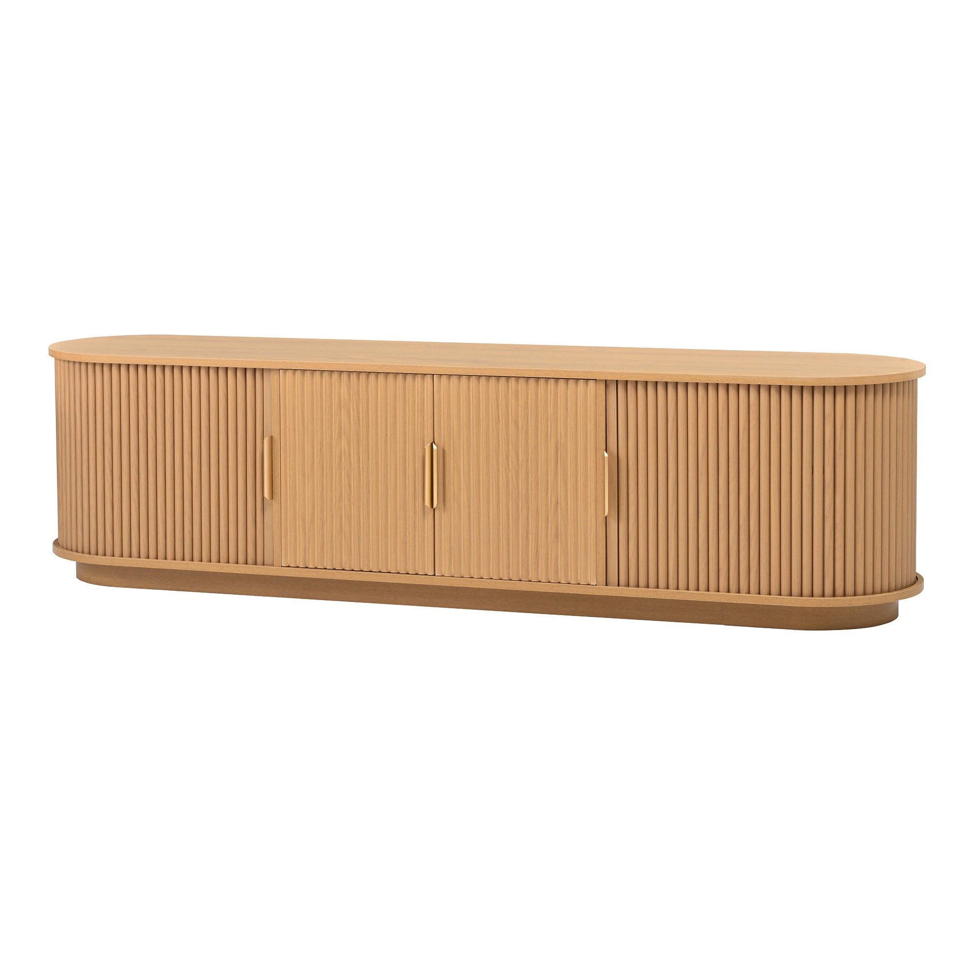 Elegant TV stand from Anthony & Home's Studio Collection featuring gold handles and sleek wood finish.