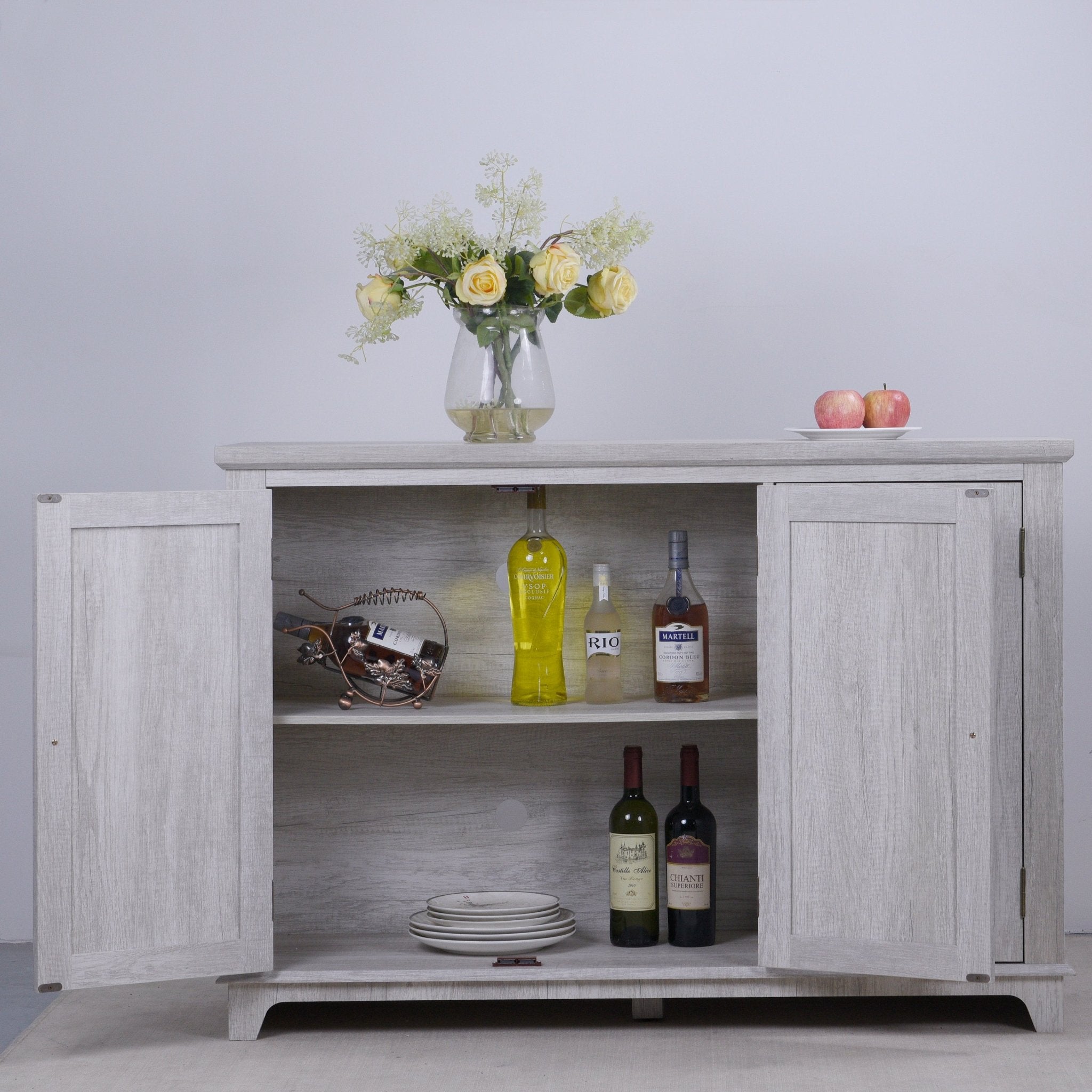 Anthony & Home mirrored sideboard with adjustable shelves, featuring a sleek modern design and reflective mirrored surface.