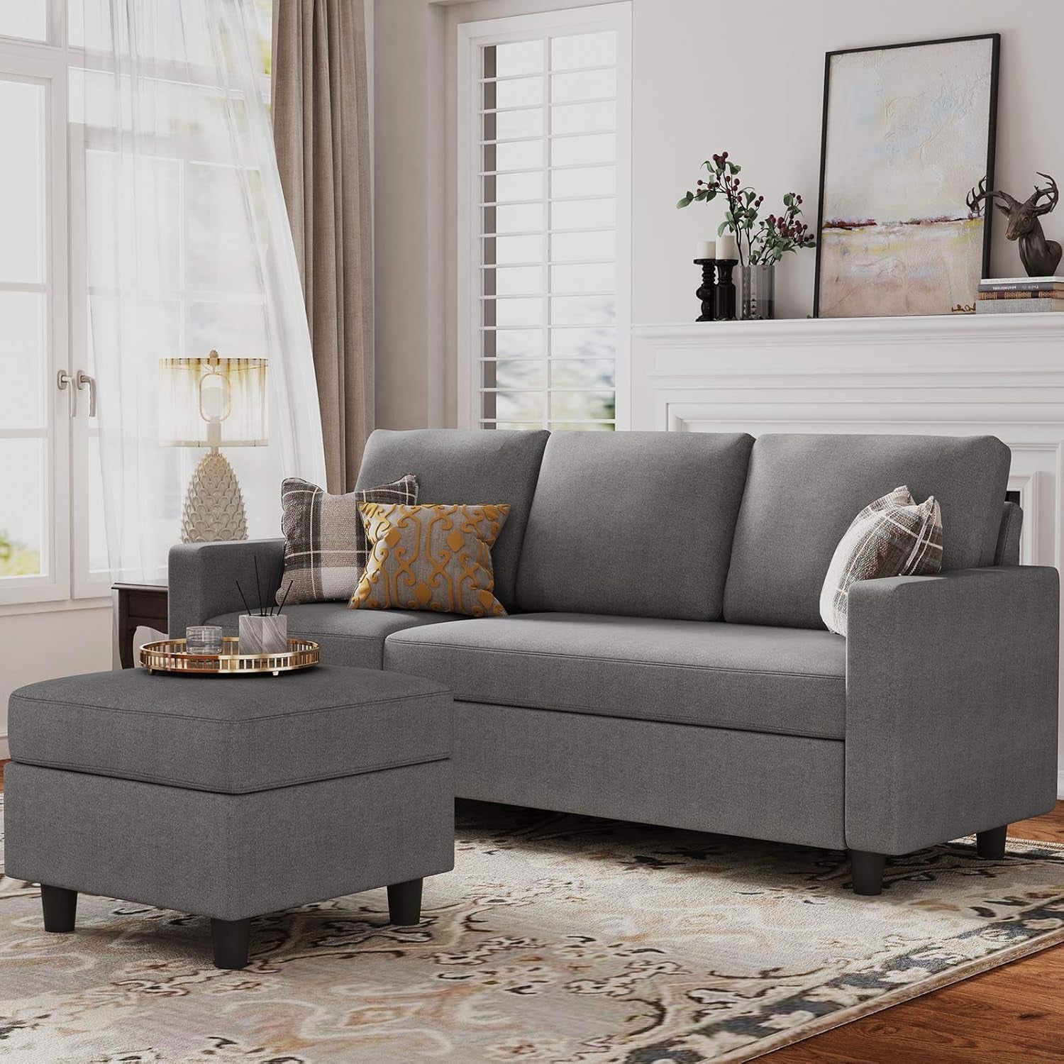 Convertible Sectional Sofa, Convertible L Shaped Couch with Reversible Chaise, Sectional Couch for Small Space Apartment, Grey-0