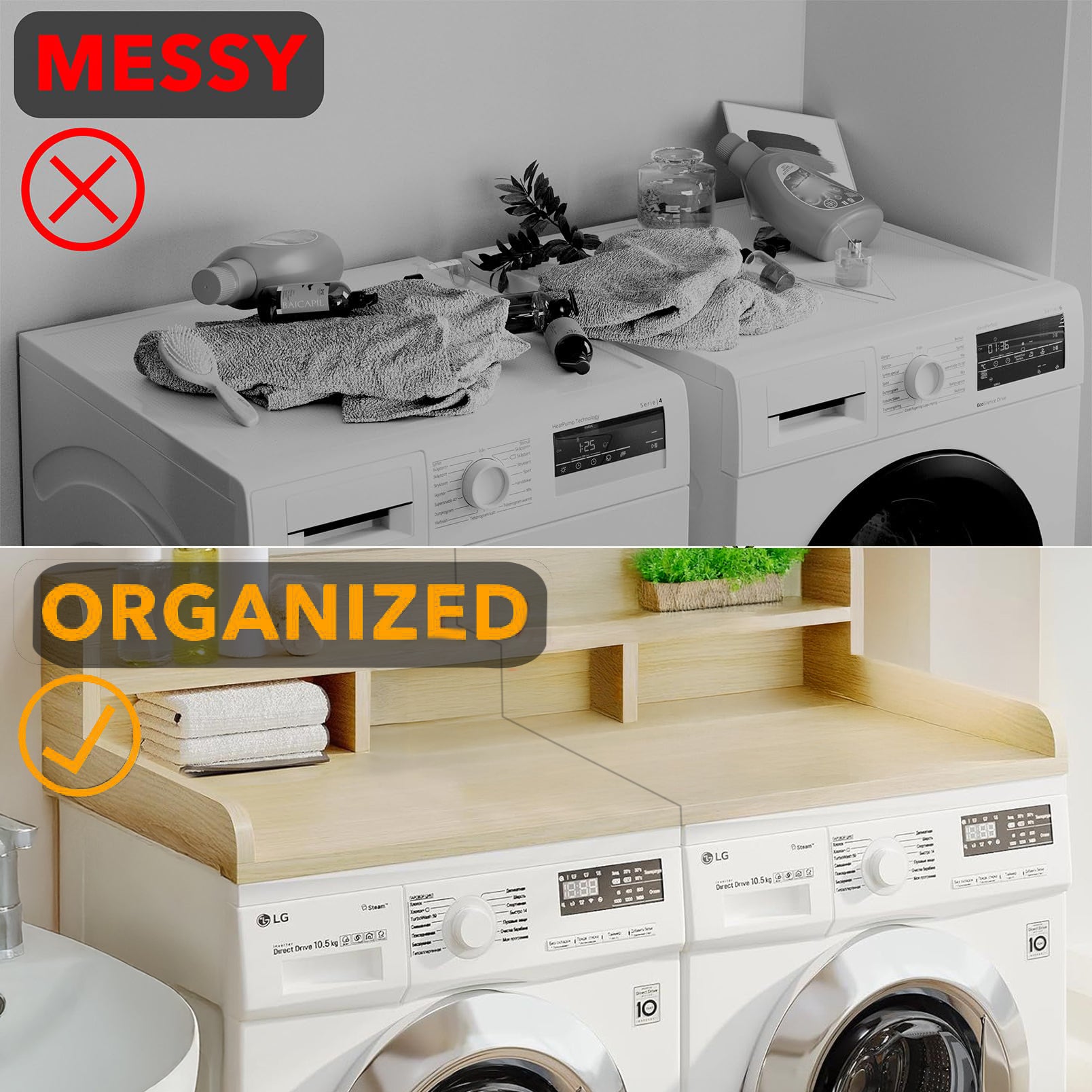 Anthony & Home oak wood washer dryer countertop organizer with multiple compartments for laundry essentials.