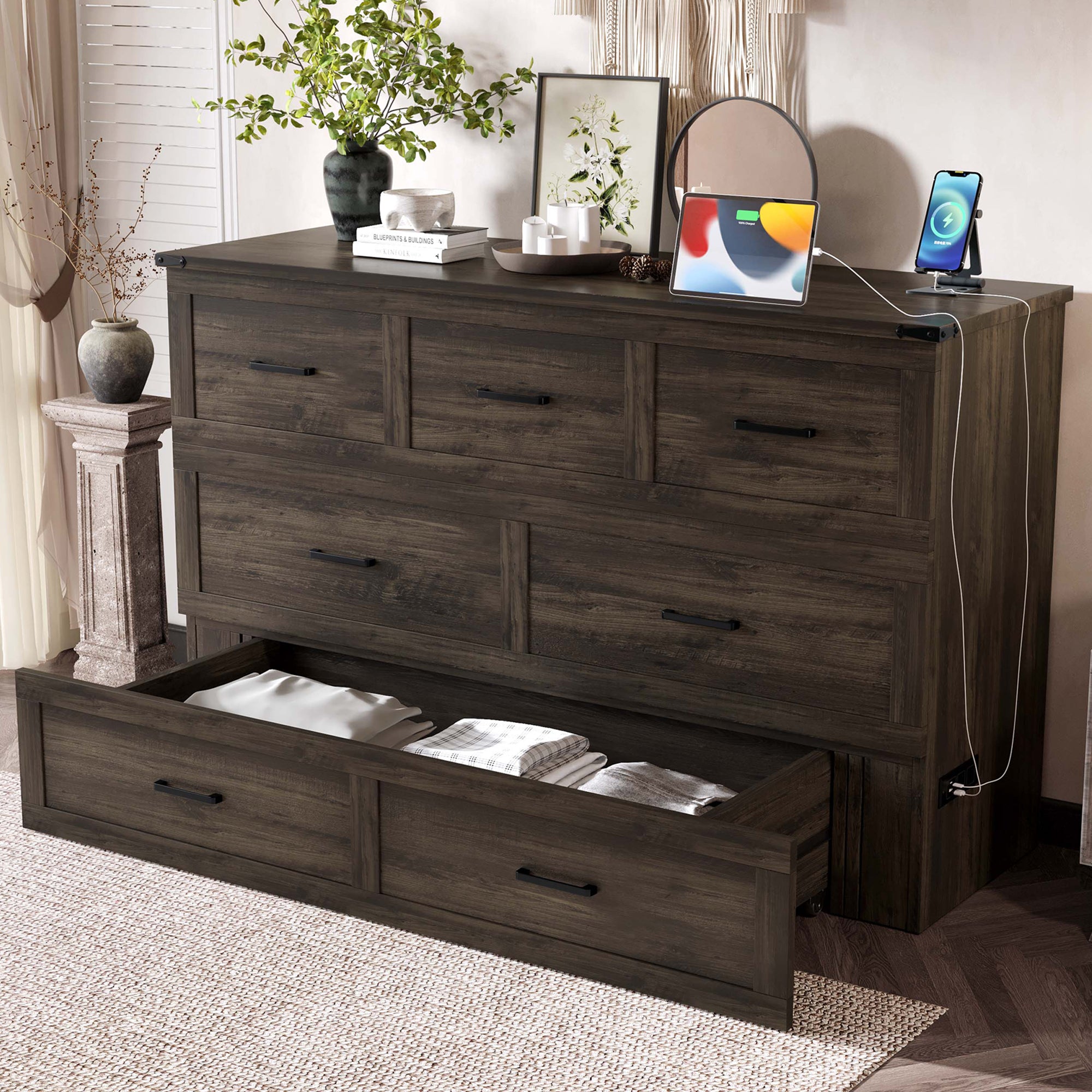 Rustic gray wood Murphy bed cabinet in queen size with built-in storage, from Anthony & Home, suitable for studio space.