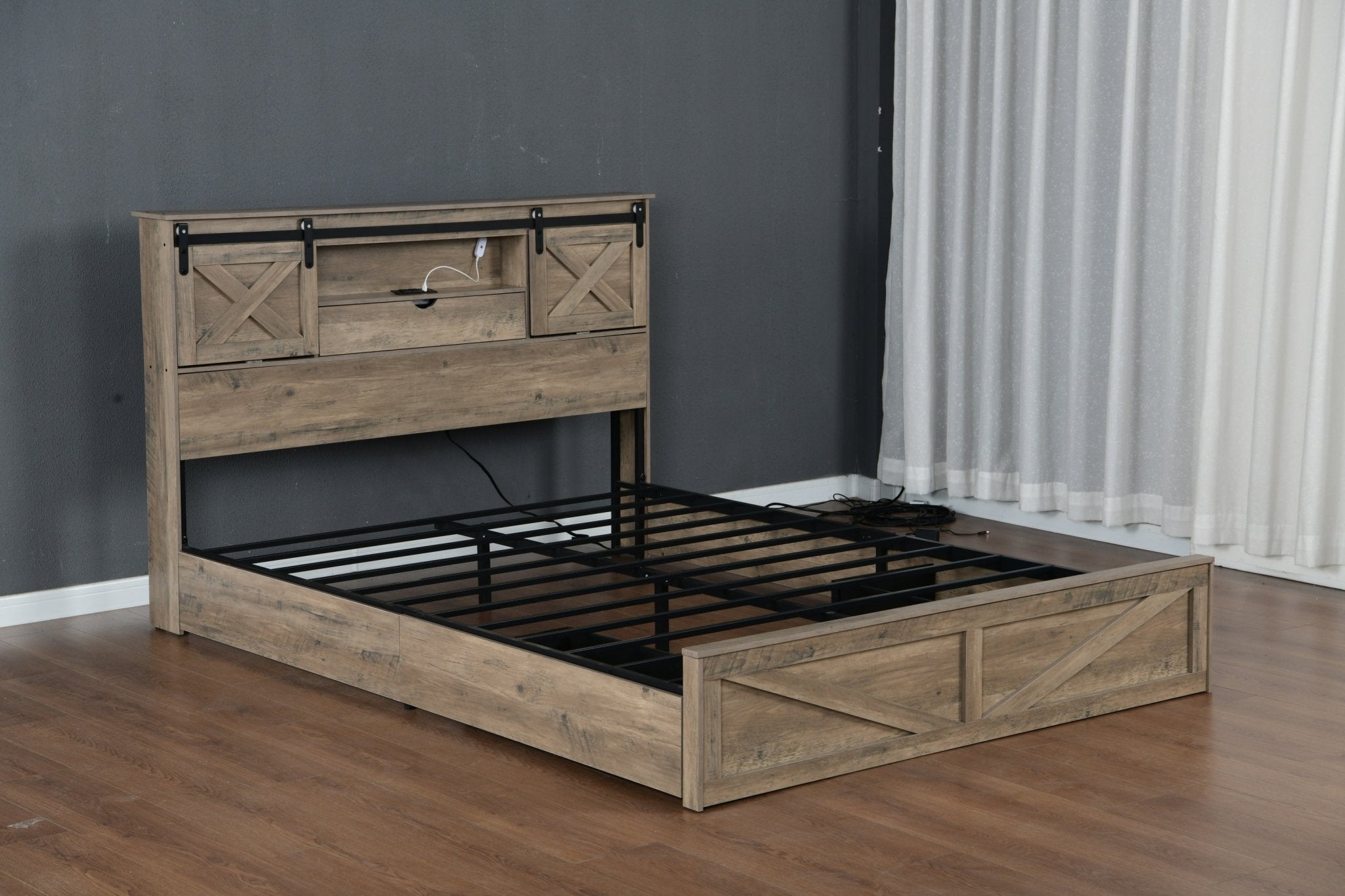 Anthony & Home farmhouse queen bed frame in grey with rustic wood finish, LED lighting, charging station, and storage drawers.