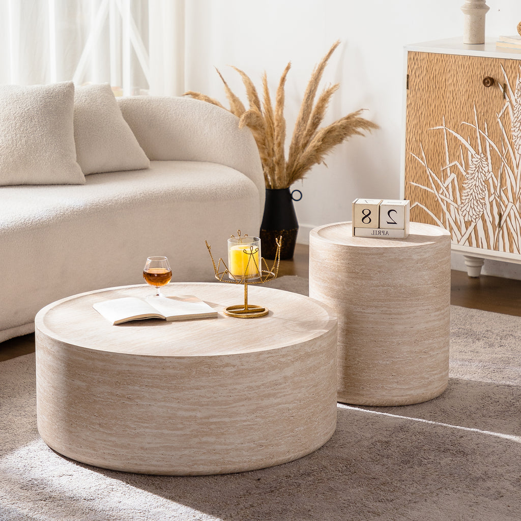 Round drum coffee table with Mars pattern by Anthony & Home, no assembly required, stylish wooden design for living rooms.
