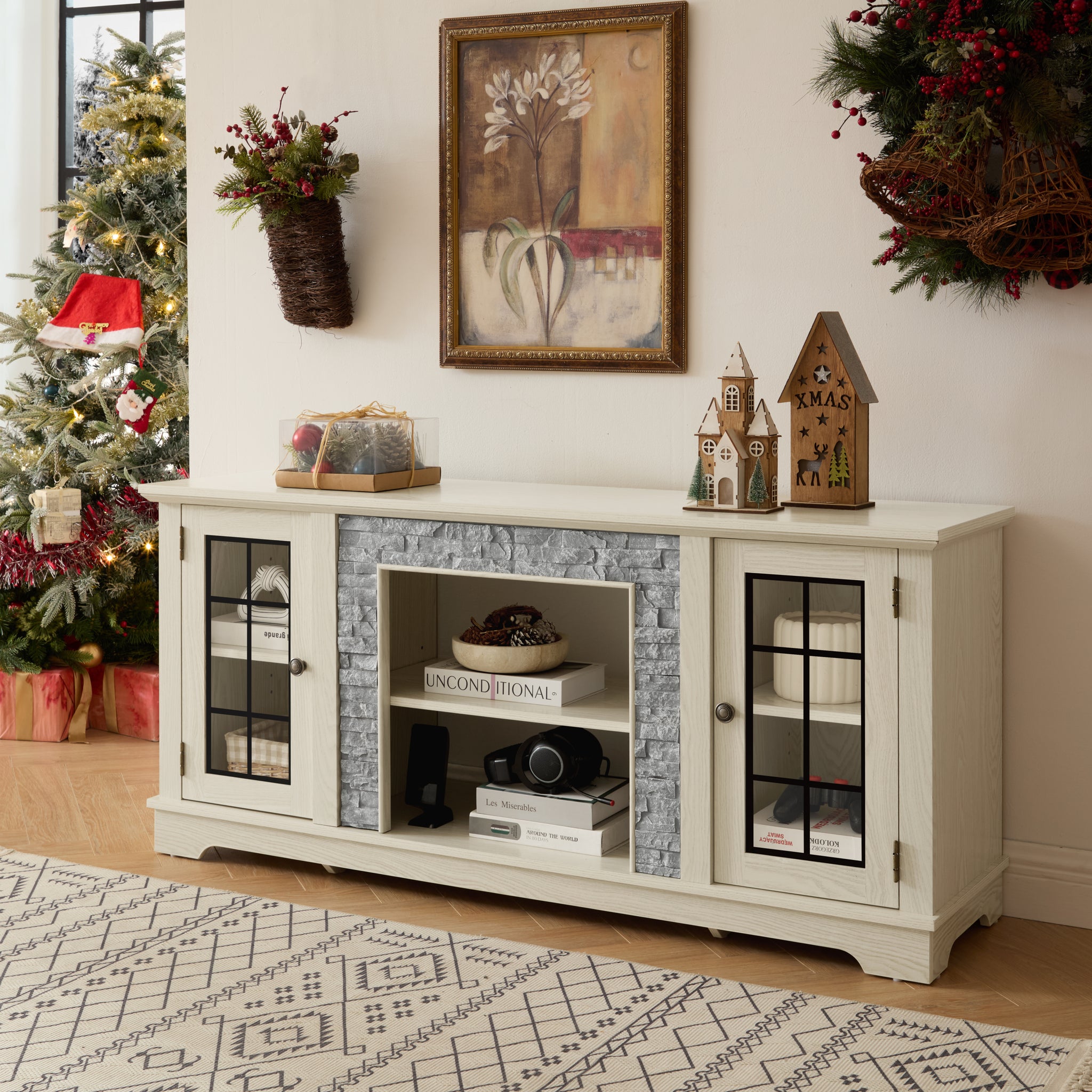White 58-inch stone-textured TV stand with two doors by Anthony & Home, modern design suitable for living rooms.