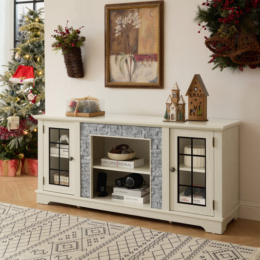 White 58-inch stone-textured TV stand with two doors by Anthony & Home, modern design suitable for living rooms.