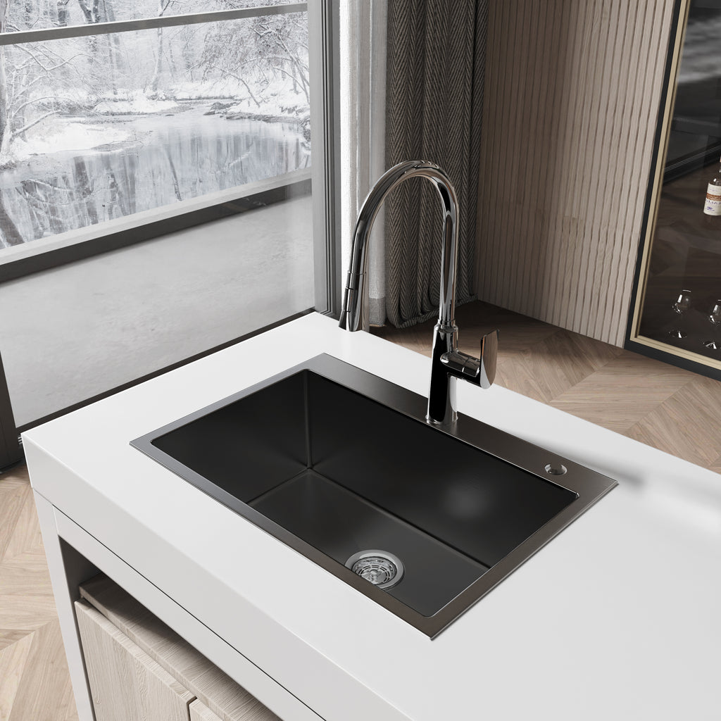 Handmade black stainless steel kitchen sink overmount by Anthony & Home, showcasing durable, sleek design with smooth edges.