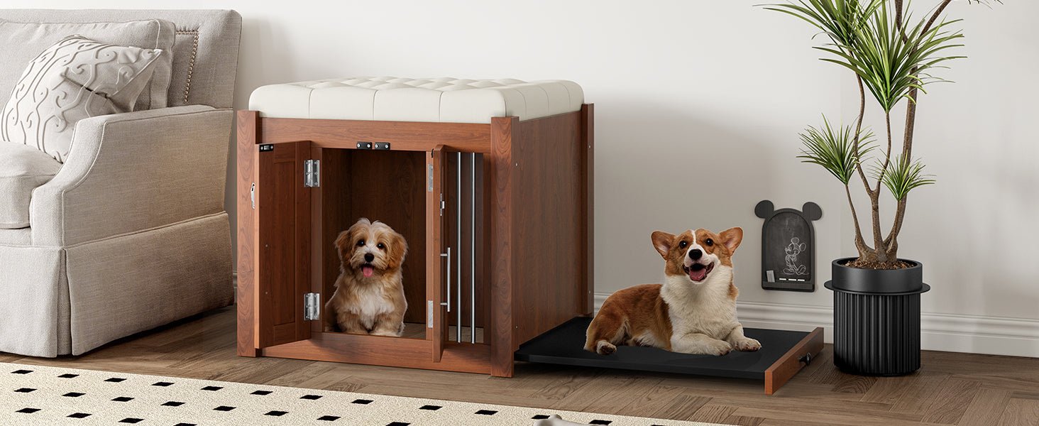 Walnut 2-in-1 nightstand and pet kennel from Anthony & Home's Atelier Collection, showcasing a stylish, functional furniture piece.