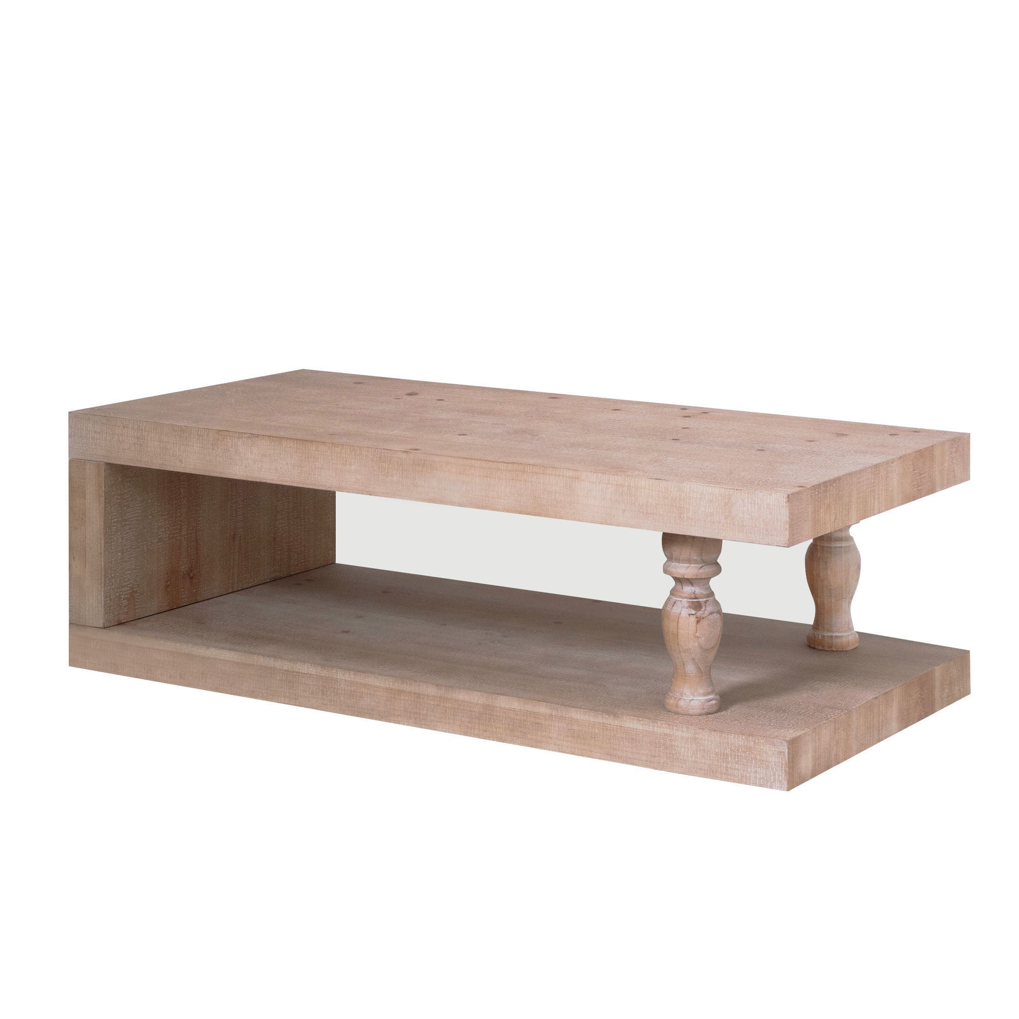 Solid wood coffee table from Anthony & Home with light natural finish and open shelf, modern farmhouse style.