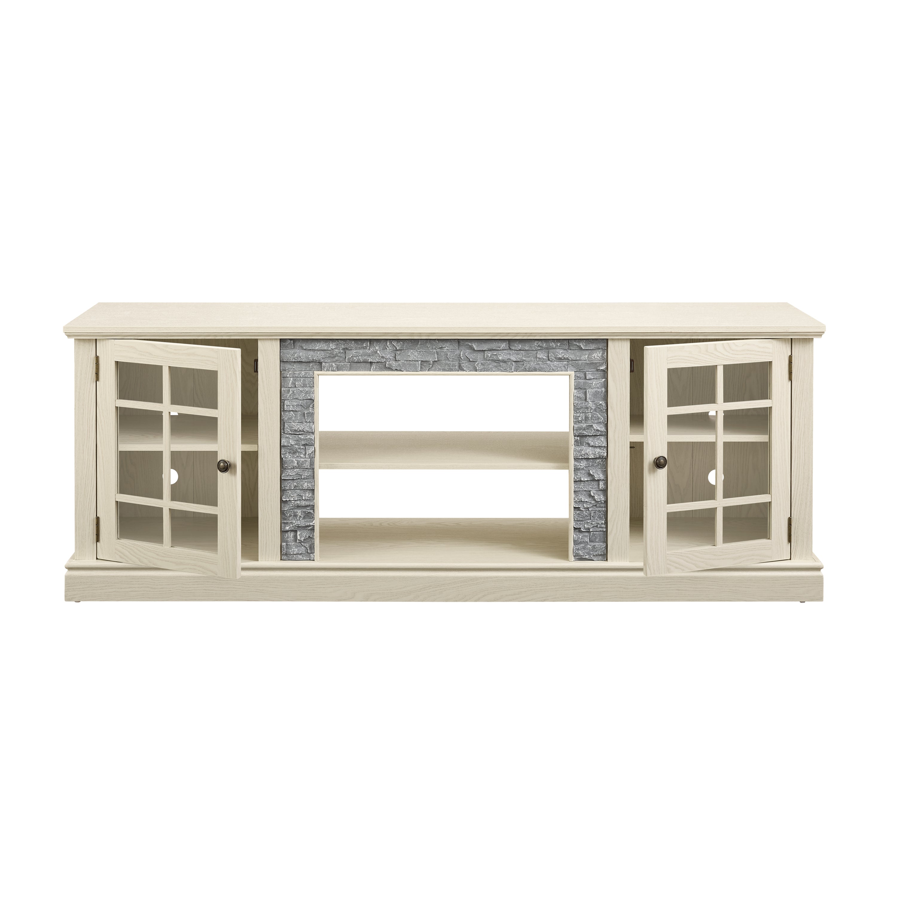 Anthony & Home Atelier white faux stone TV stand, 70-inch with two doors, showcasing modern design and storage space.