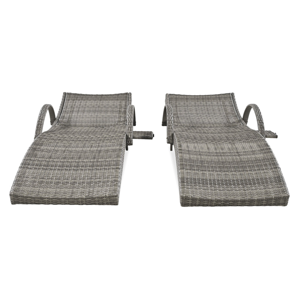 Outdoor wicker chaise lounge set with ergonomic wave design in grey, featuring Anthony & Home branding and comfortable cushions.