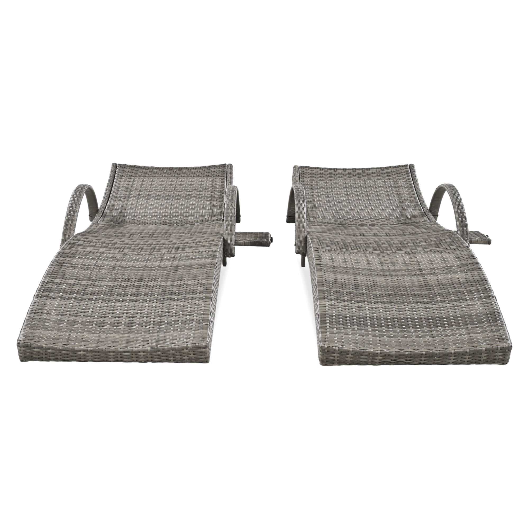 Outdoor wicker chaise lounge set with ergonomic wave design in grey, featuring Anthony & Home branding and comfortable cushions.
