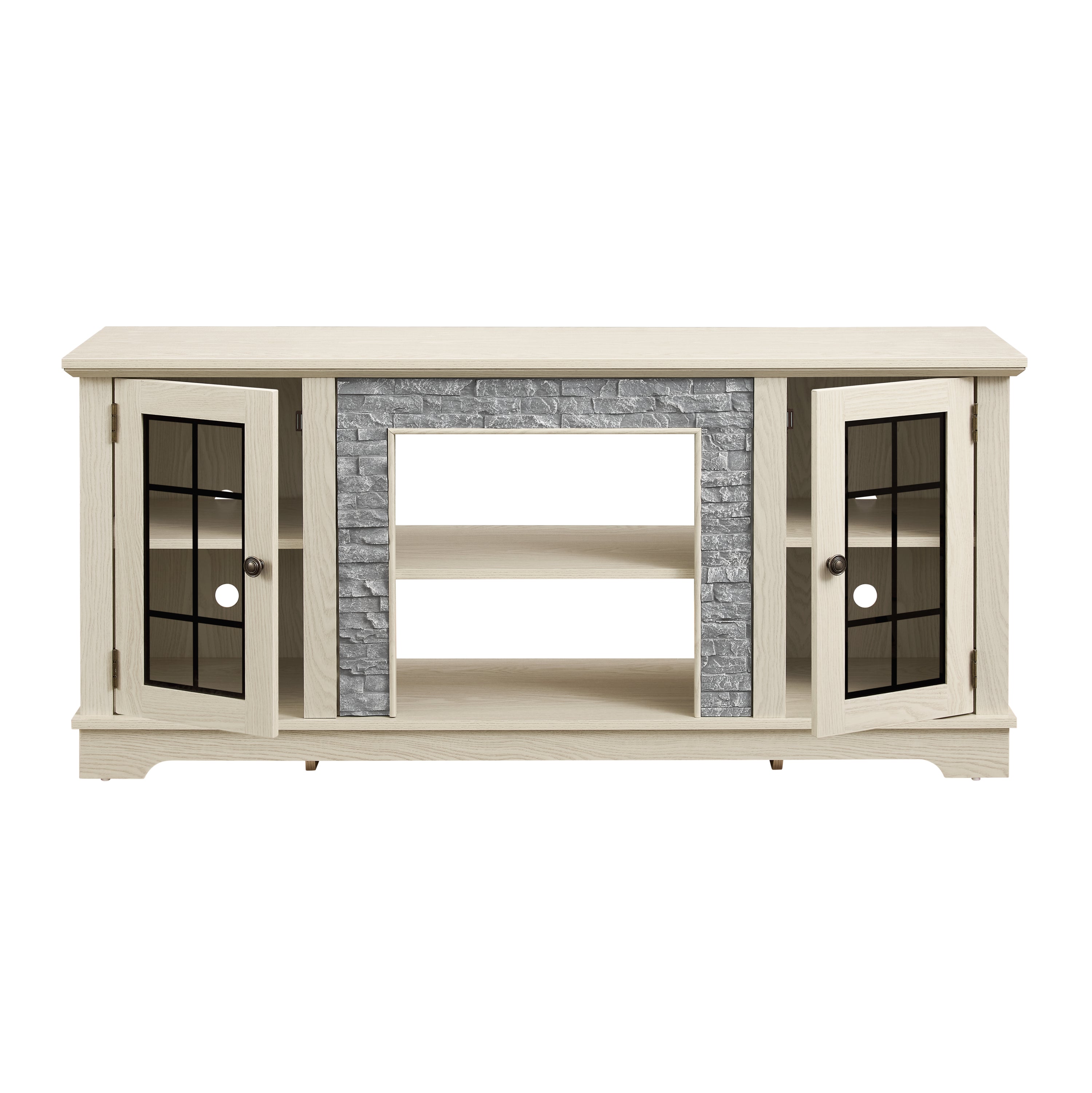 Modern white 58-inch TV stand with faux stone finish, featuring 2-door storage and spacious entertainment center for living rooms.