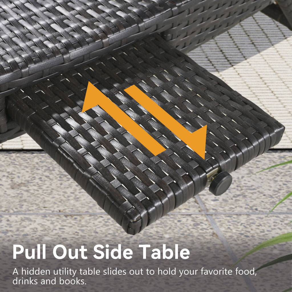 Dark brown outdoor wicker chaise lounges set with pull-out side table and 5-level adjustable backrest, by Anthony & Home