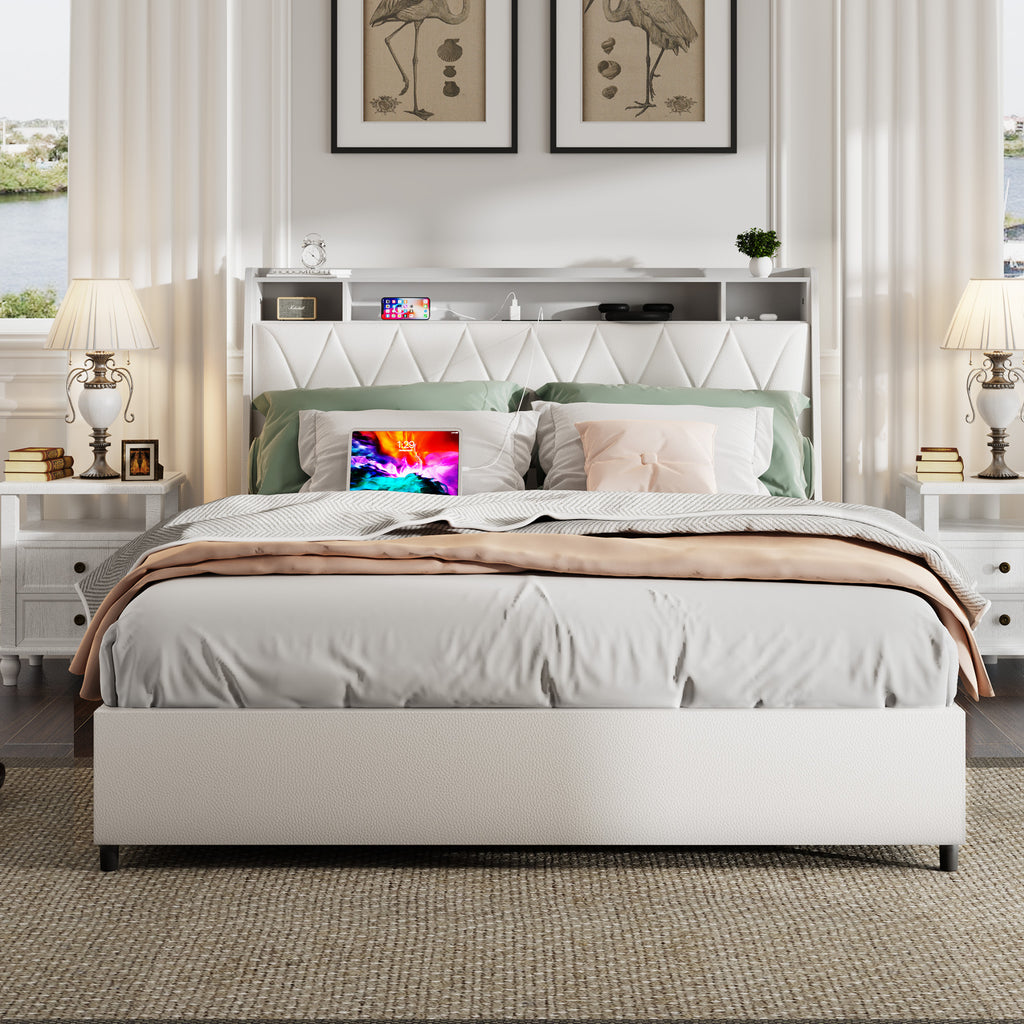 Queen Platform Bed Frame With Ergonomic Headboard, White Faux Leather, Signature Metal And Wood, Outlets USB Charger