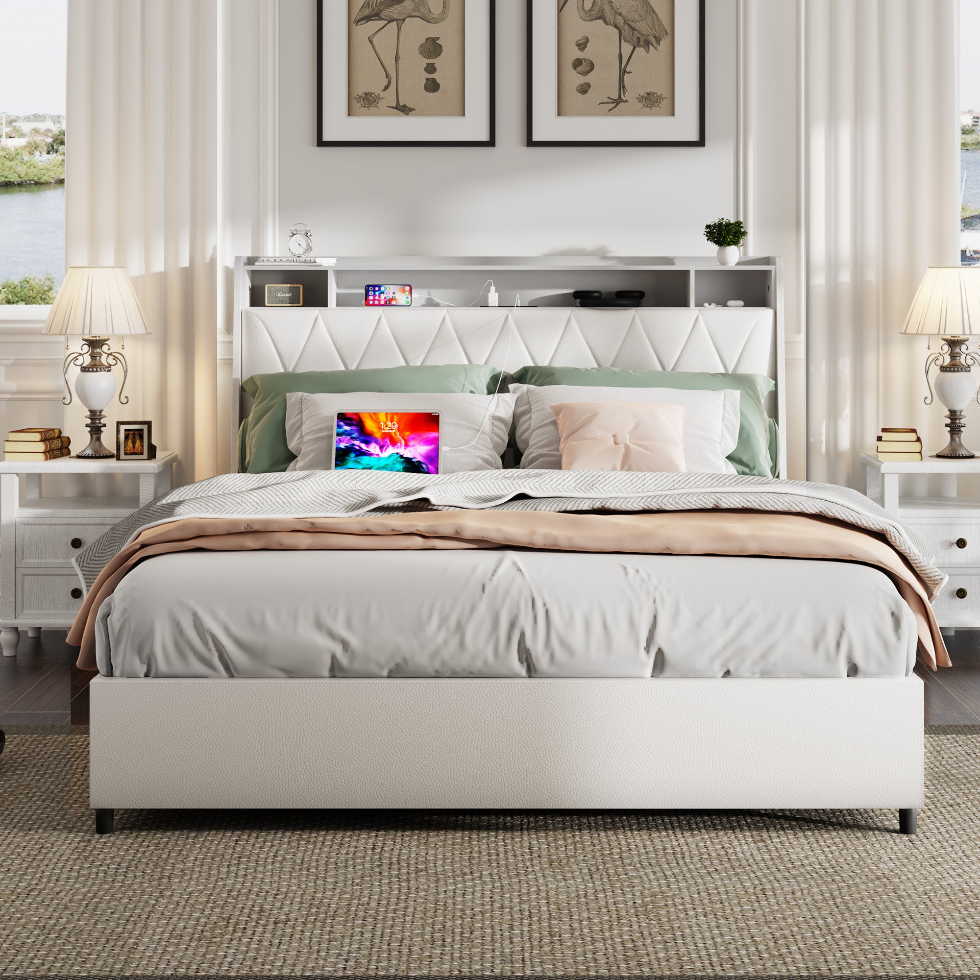 Queen Platform Bed Frame With Ergonomic Headboard, White Faux Leather, Signature Metal And Wood, Outlets USB Charger