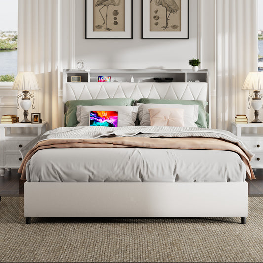 Queen Platform Bed Frame With Ergonomic Headboard, White Faux Leather, Signature Metal And Wood, Outlets USB Charger