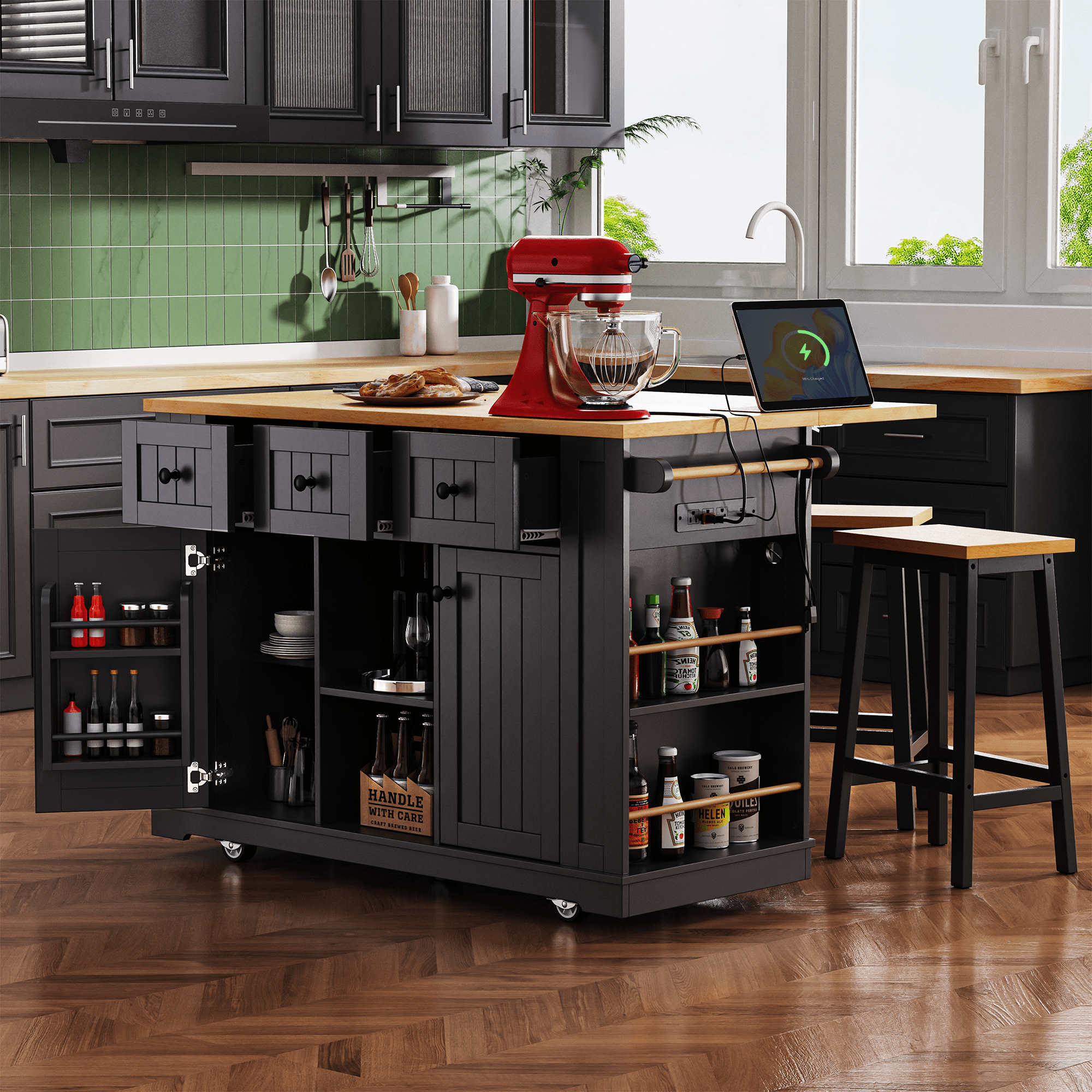 Matte black MDF kitchen island with power outlet, 53-inch size, drop-leaf design, part of the Anthony & Home Studio Collection.