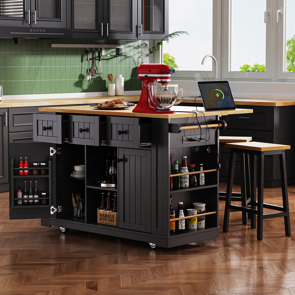 Black MDF Kitchen Island 53 Inch With Power Outlet Drop Leaf And Storage Cart In Luxury Farmhouse Style