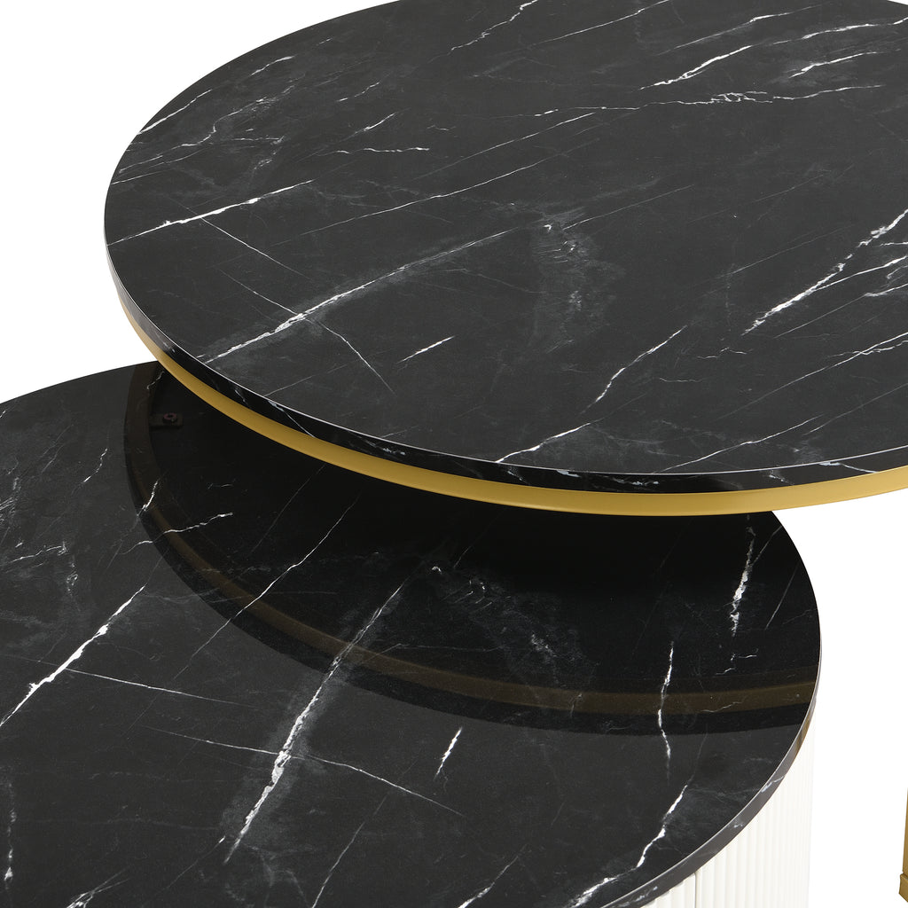 Atelier brass round nesting coffee tables with fluted design and built-in drawer by Anthony & Home, showing elegant metal finish and modern style.