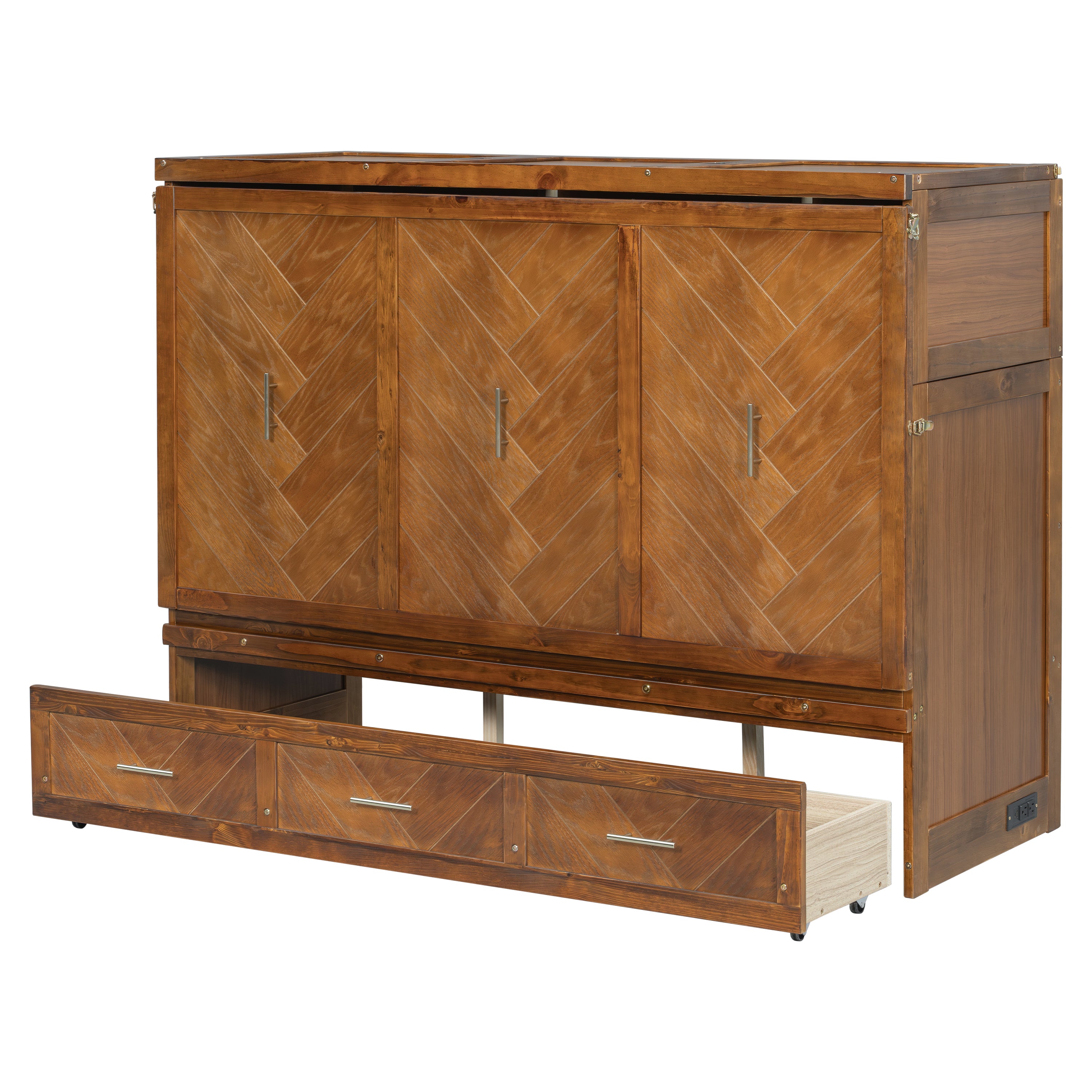 Queen size walnut Murphy bed cabinet with geometric panels, USB charging ports, from Anthony & Home Studio Collection.