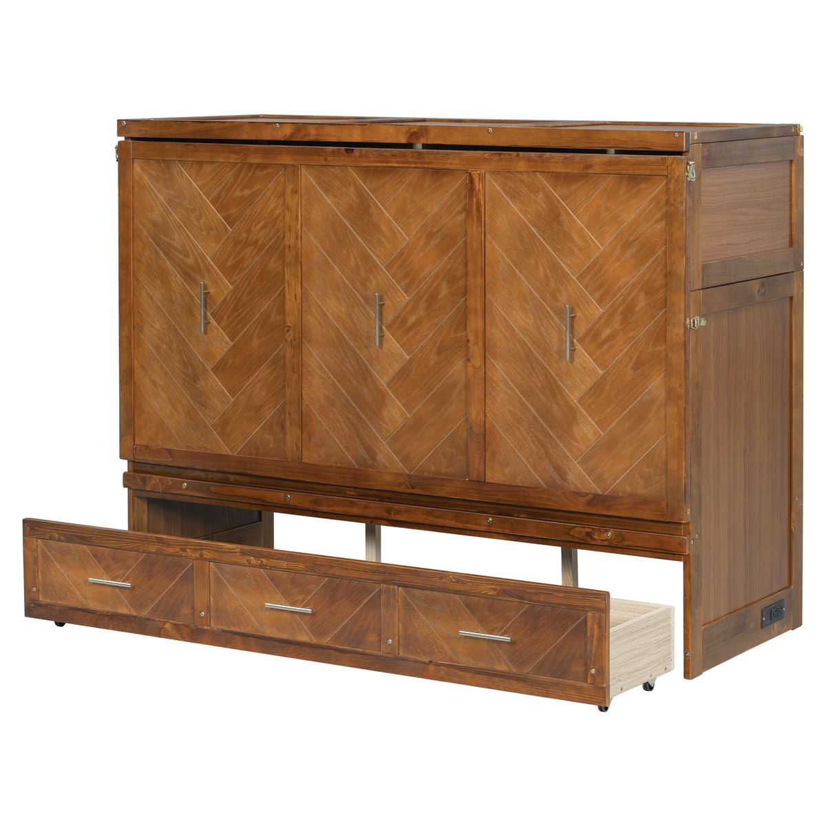 Queen size walnut Murphy bed cabinet with geometric panels, USB charging ports, from Anthony & Home Studio Collection.
