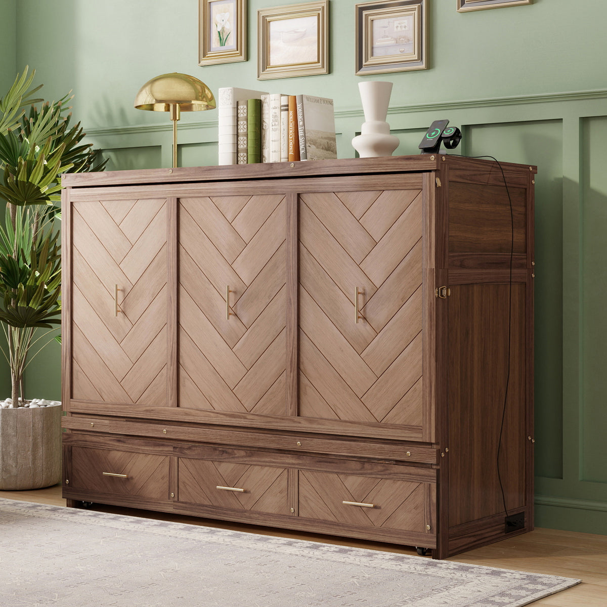 Anthony & Home Murphy Bed Studio in light walnut finish, showing a sleek fold-down bed with modern design and wood grain detail.